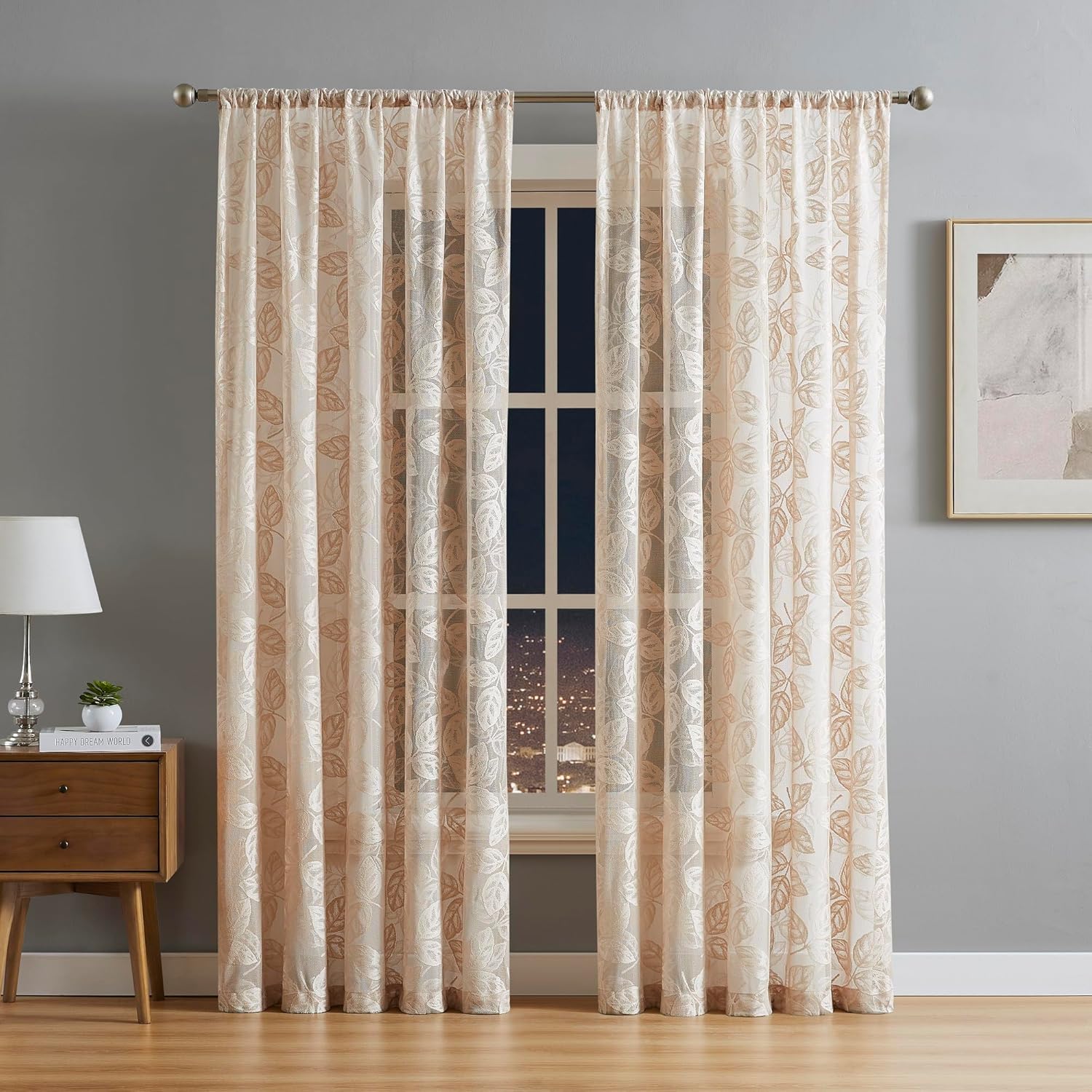 LINENZONE Linen Lace Curtains 63 Inches Long. Rustic Curtains, Country Curtains for Vintage Kitchen or Vintage Decor. Linen Sheer Curtain Panels Can Be Used As Bohemian Curtains. (Aria, 54 x 63 Linen)