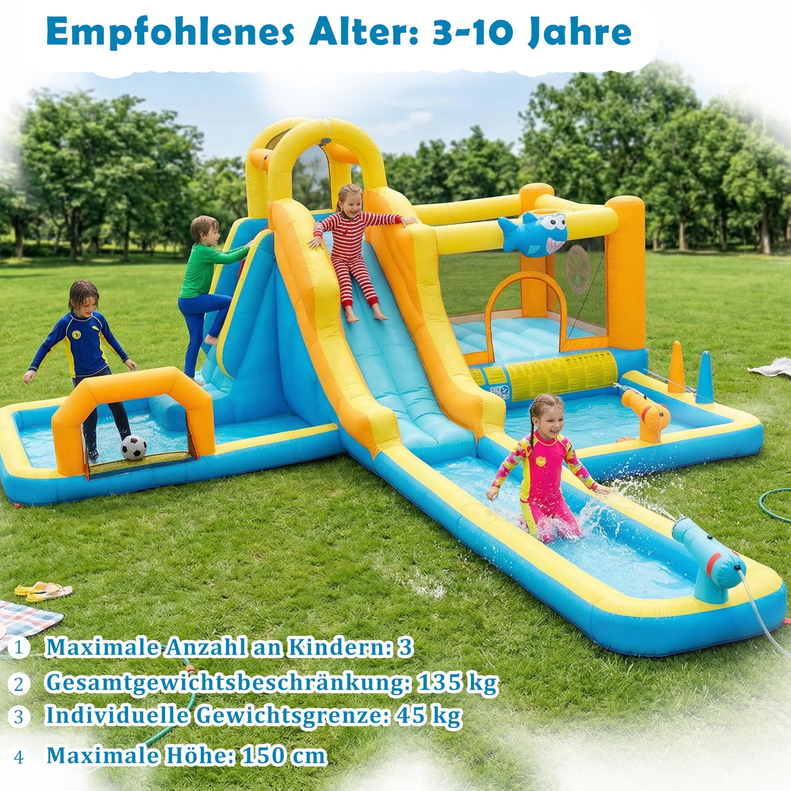 UEV Aufblasbarer 9-in-1 Hüpfburg XXL mit Gebläse, Kletterwand, Springen, Wasserpistole, Ballspielplatz, Extra Lange aufblasbare Rutsche, for Indoor & Outdoor, EN71-1/2/3, 590x502x220cm