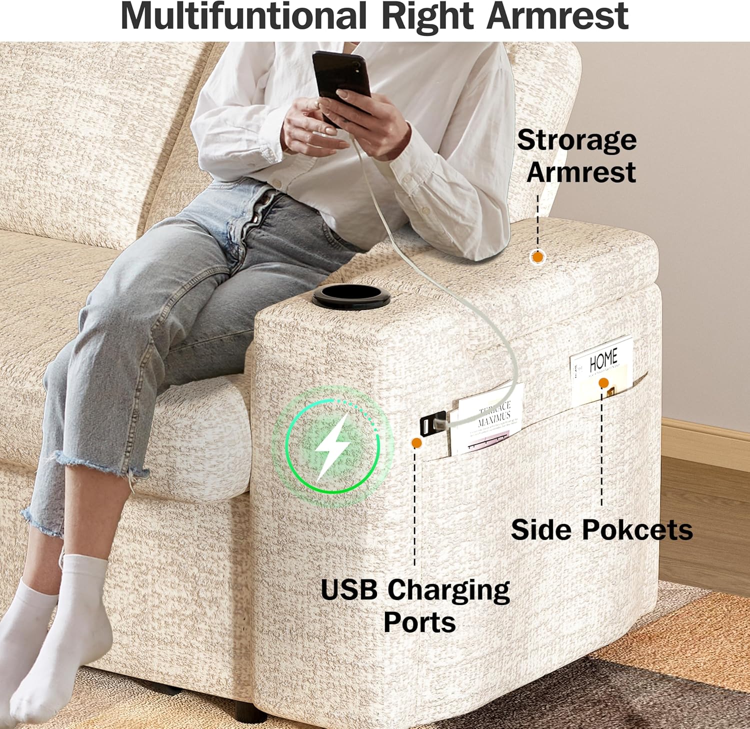 Vipbear 65" Loveseat Sleeper Sofa with Pull Out Bed, Chenille 3-in-1 Convertible Sofa Bed with Reclining Backrest|USB Ports|Cup Holders|Side Table|Storage Armrests, Tool Free Assembly, Beige