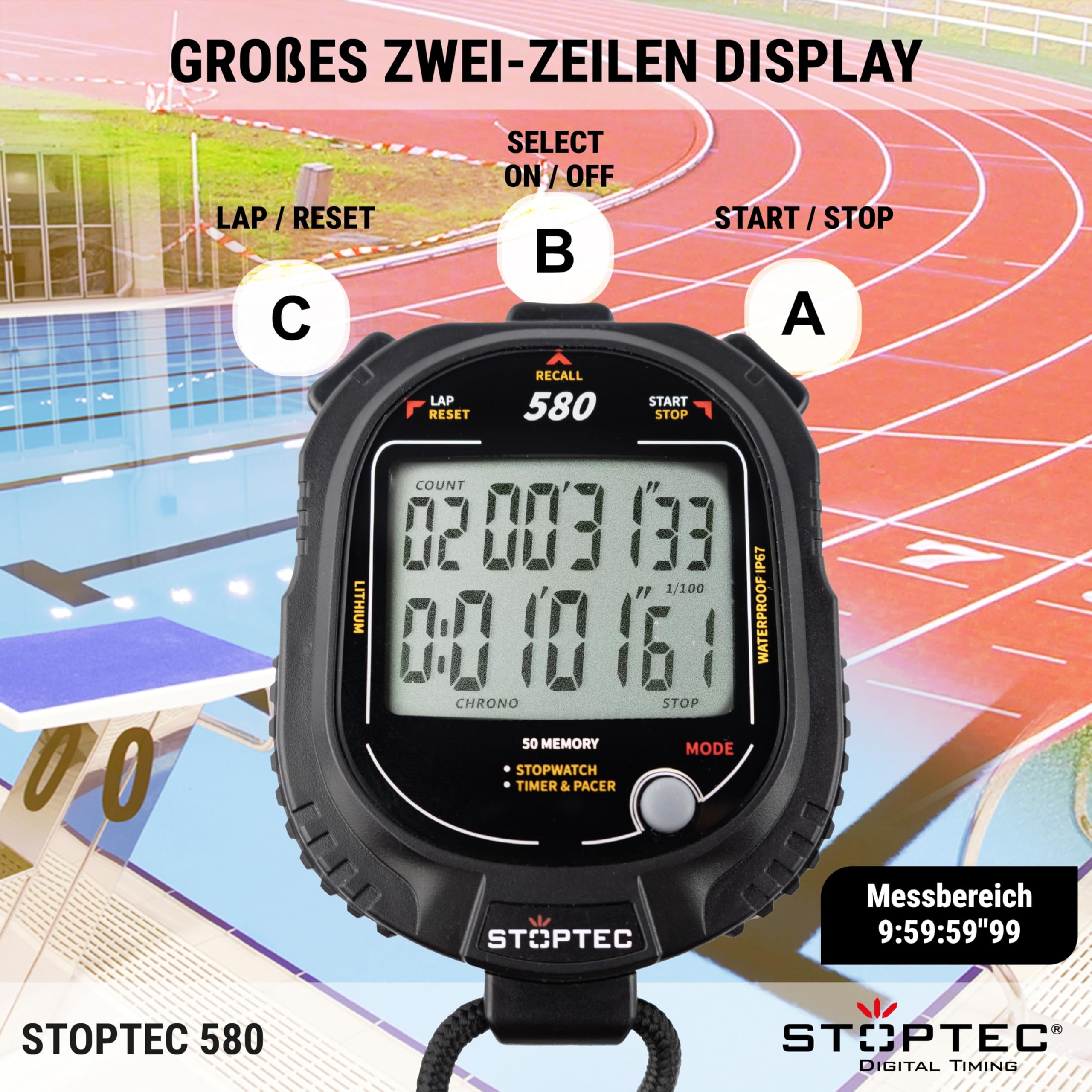 Stoptec Cronometro 580, grande display a 2 righe, meccanismo a punto di pressione, 50 memorie, timer, Pacer, resistente alla polvere e all'acqua (IP67)