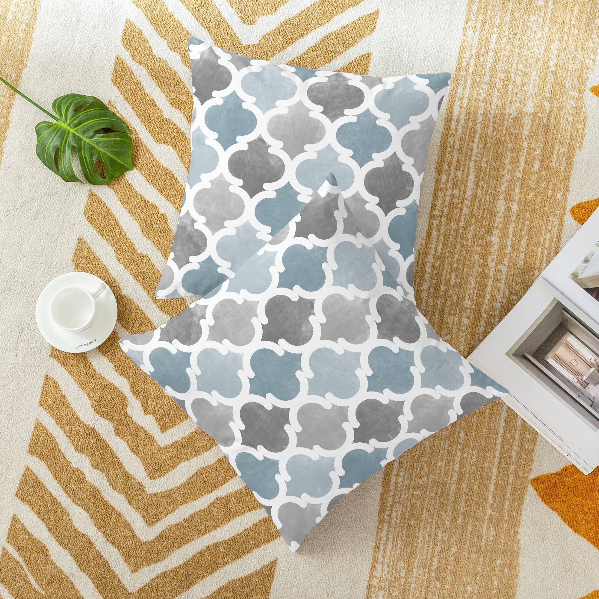 CaliTime Throw Pillow Covers Pack Of 2 - Cozy Fleece Gradient Geometric Trellis Pattern Covers For Sofa & Bed (18x18 Inches, Smoke Blue Grey) - View #5