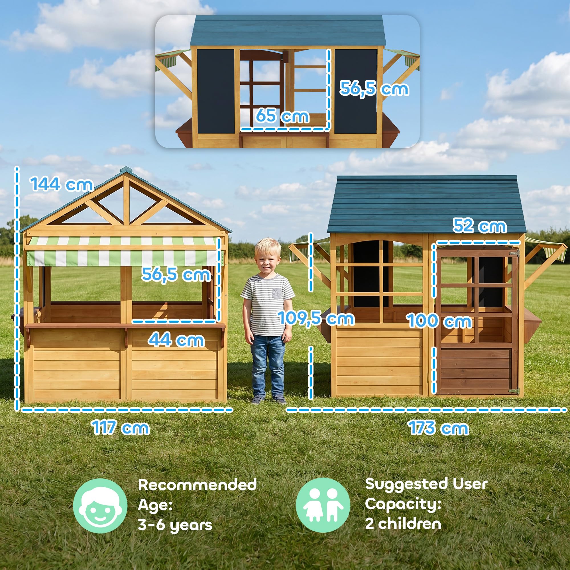AIYAPLAY Casita Infantil Exterior de Madera Plegable Casa Jardín Infantil con 2 Pizarras Ventanas y Toldo Casita de Juegos para Niños a Partir de 3 Años Natural