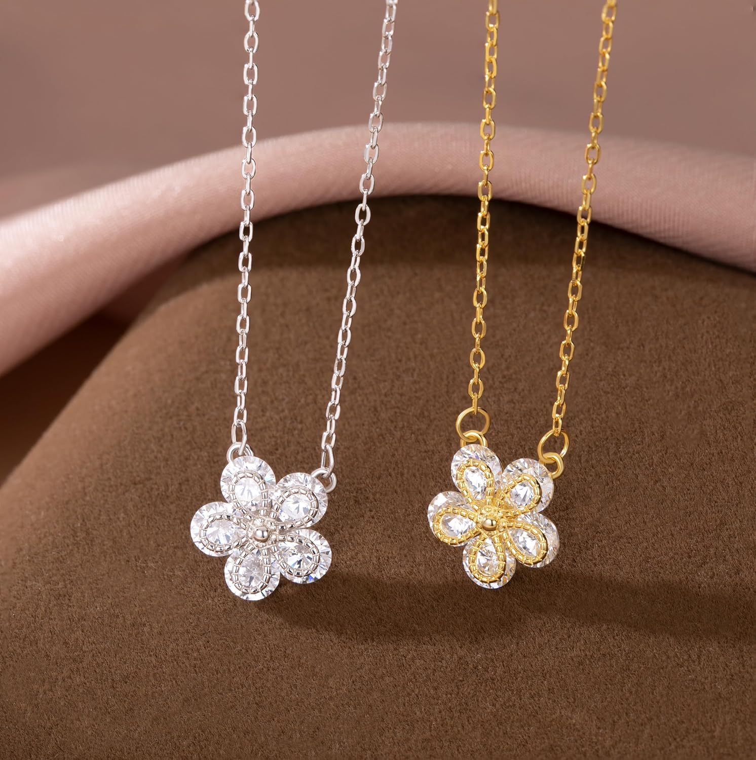 Reffeer Solid 925 Sterling Silver Cubic Zirconia Flower Choker Necklace for Women Teen Girls Sparkling Flower Pendant Necklace