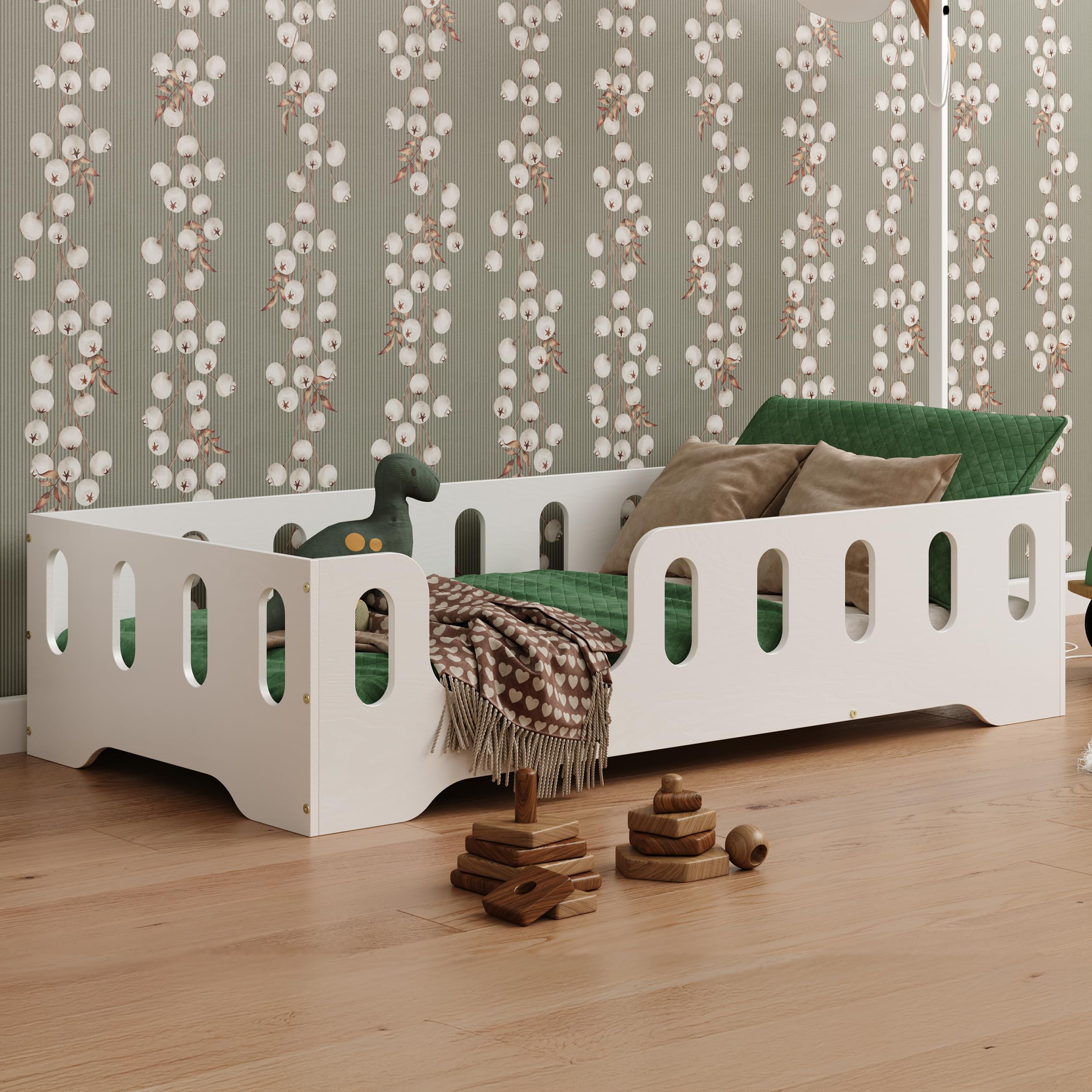Smartwood Bodenbett 120x200 cm Weiß Montessori Kinderbett aus Holz mit FSC-Zertifikat TILA 2L Rausfallschutz Lattenrost bis 300kg