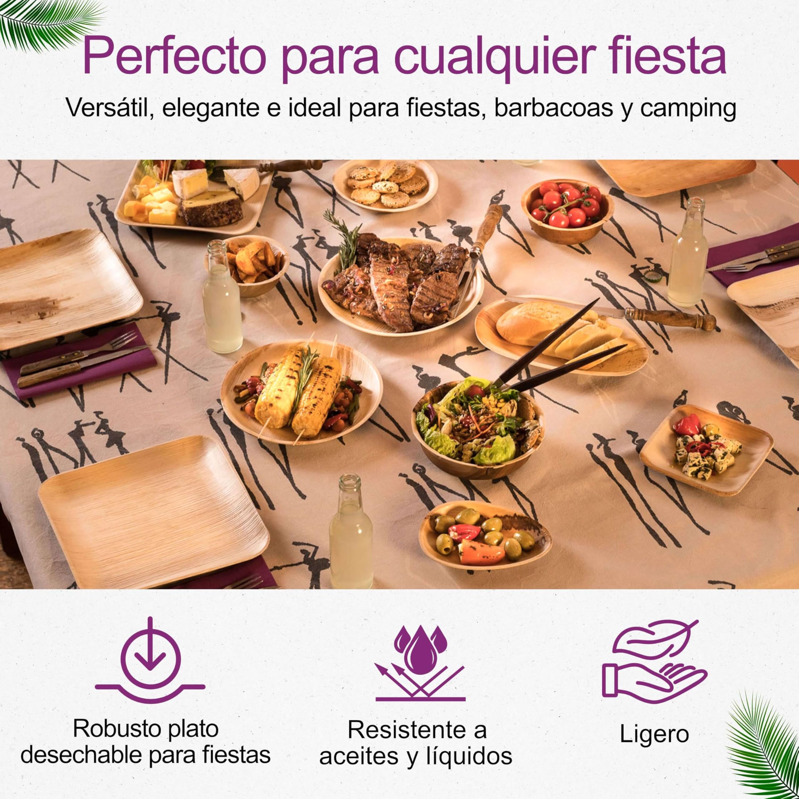 200 Platos Desechables de Hoja de Palma Ecológicos - Cuadrado Pequeño, 15x15 cm - Vajilla Orgánica - Estable, Natural y Compostable - Elegantes para Fiestas - Estilo Madera