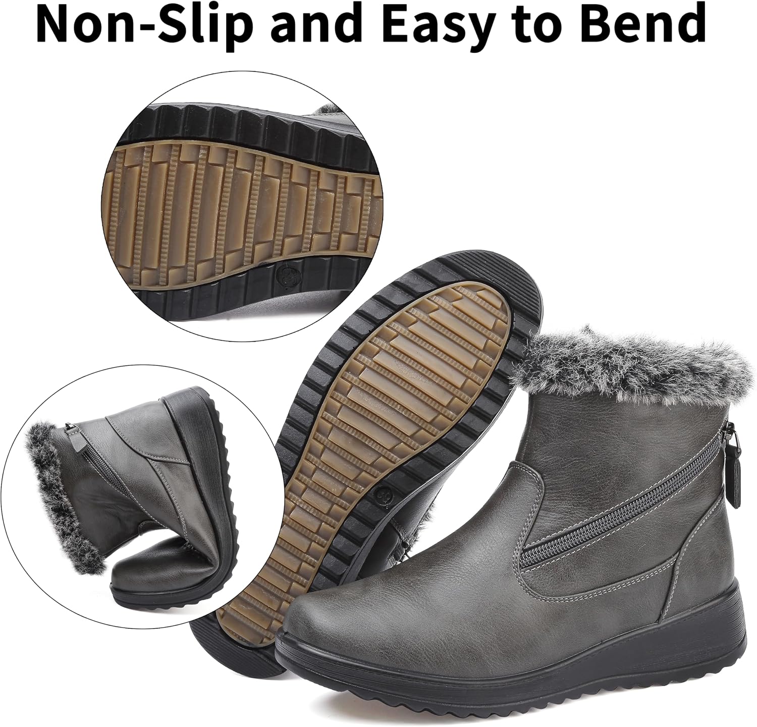Womens Snow Boots Leather Winter Shoes Waterproof Comfortable Warm Fur Lined Zipper Fashion Ankle Booties