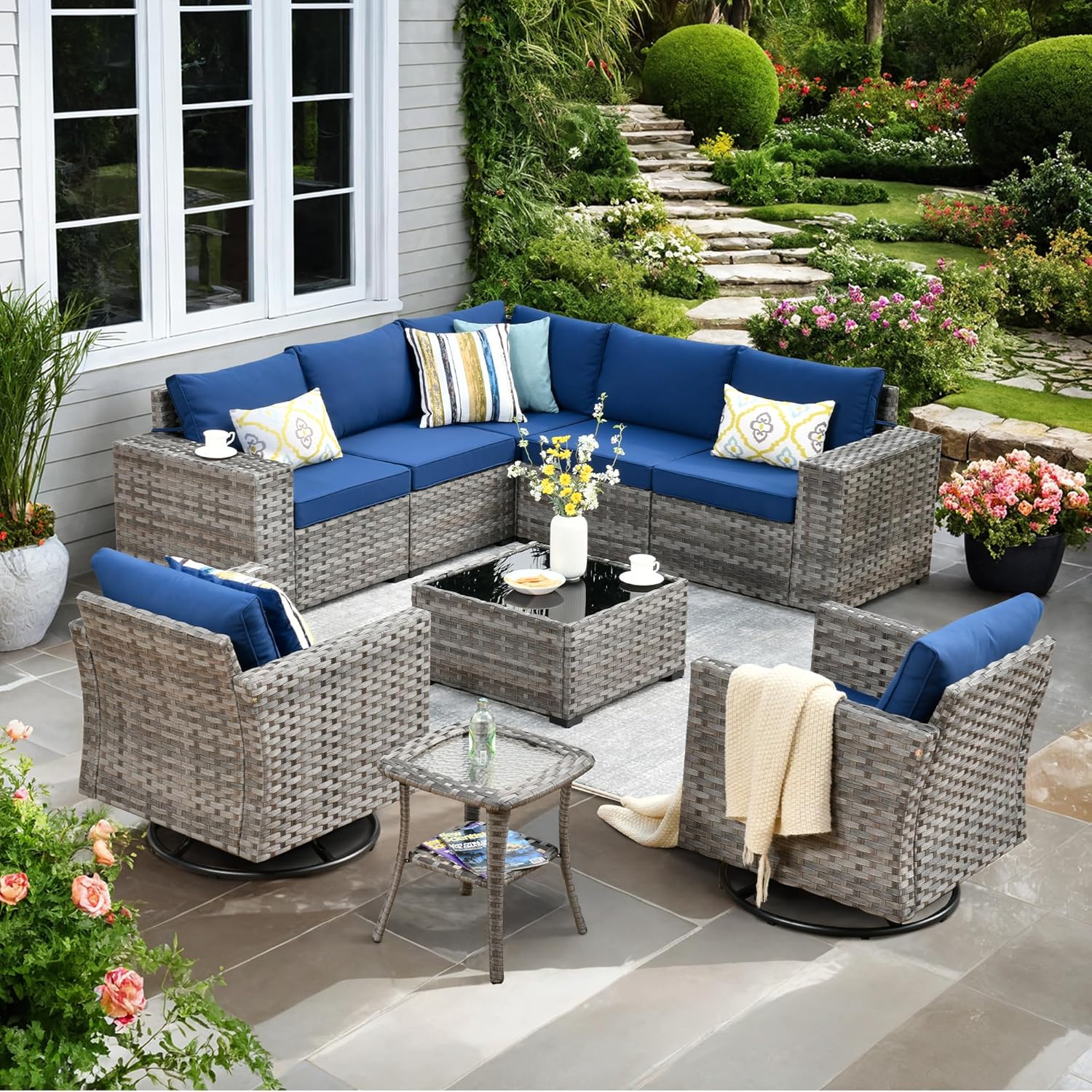 9 Pieces Widen Armrest Patio Coversation Set with Swivel Rocking Chair, Outdoor Furniture Modular Couch with Coffee Table, Rattan Wicker Sectional Sofa for Porch Balcony Backyard, Navy Blue