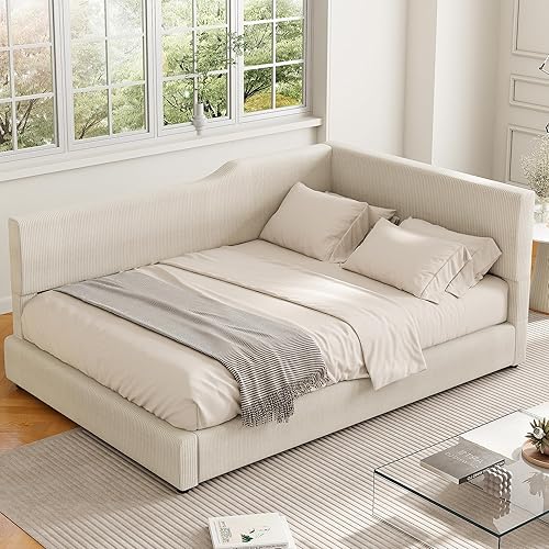 LZ LEISURE ZONE Full Size Daybed, Full L-Shaped Corduroy Daybed Upholstered Platform Bed, Beige
