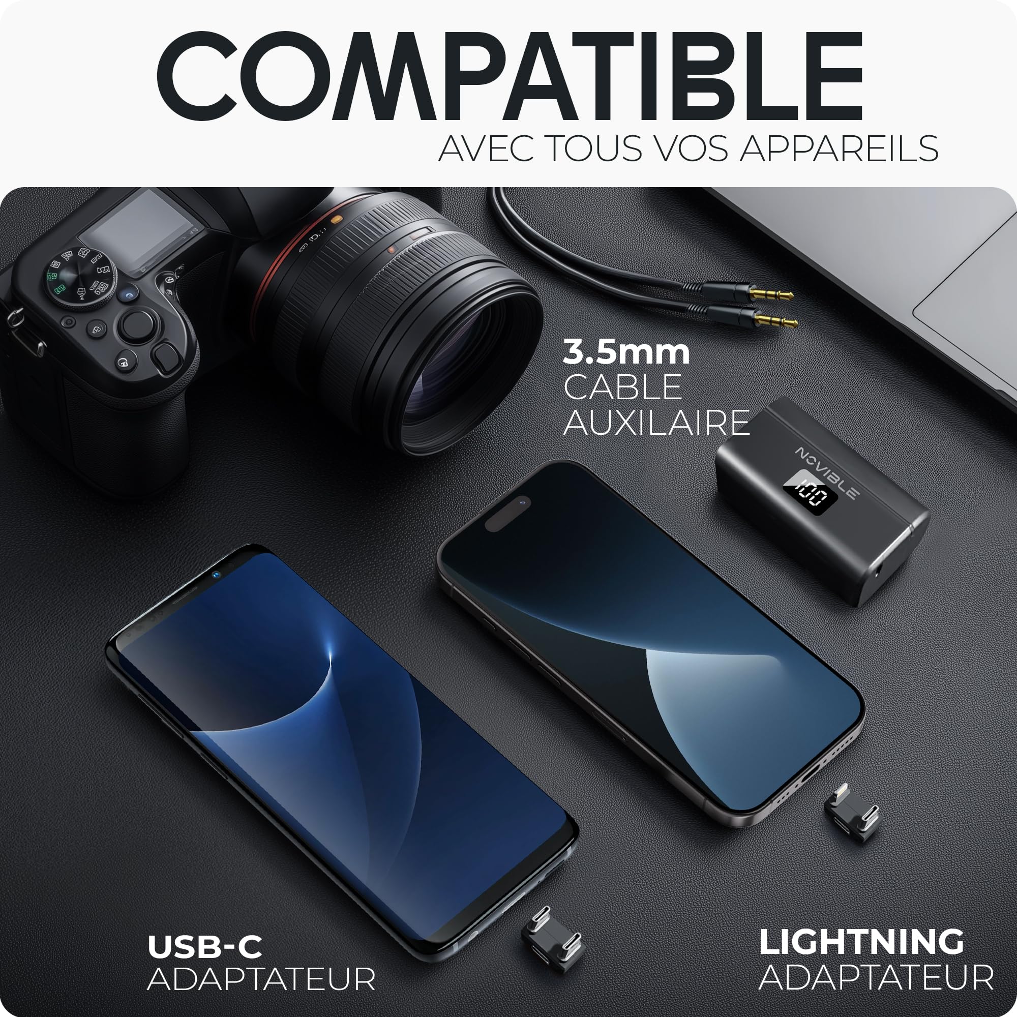 Micro Cravate sans Fil 2 Personnes pour iPhone, Android USB-C et Caméra, Mini Micro Lavalier 48 kHz/24 Bits, Boîtier de Charge 25 h, Réduction de Bruit, Interview, Vlog, Youtube/TikTok