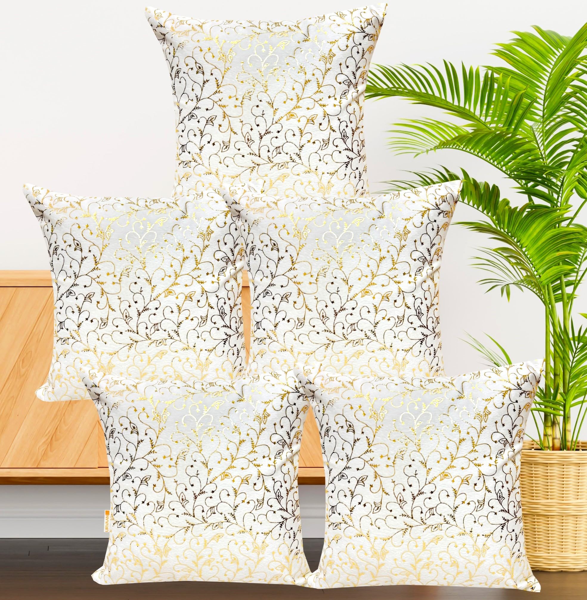 Urvaan Velvet Boho Cushion Covers, Set of 5, 16X16 Inch, White Golden-image-25