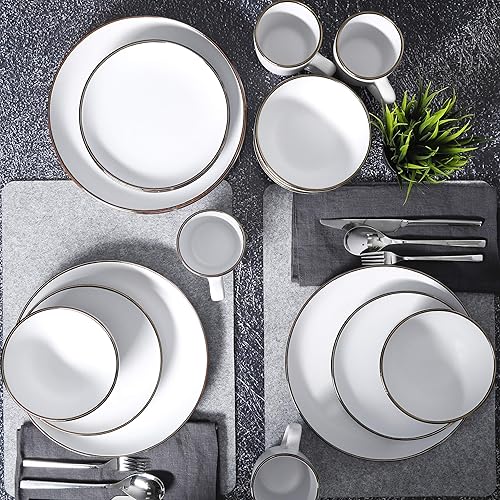Miniatura 6 de Gibson Home Rockaway Round Stoneware Dinnerware Set, Service for 4 (16pcs), Matte White/Metallic Rim Colores surtidos (anillos festivos)