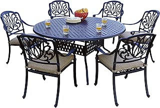Darlee 7 Piece Elisabeth Cast Aluminum Dining Set with Sesame seat Cushions and 60