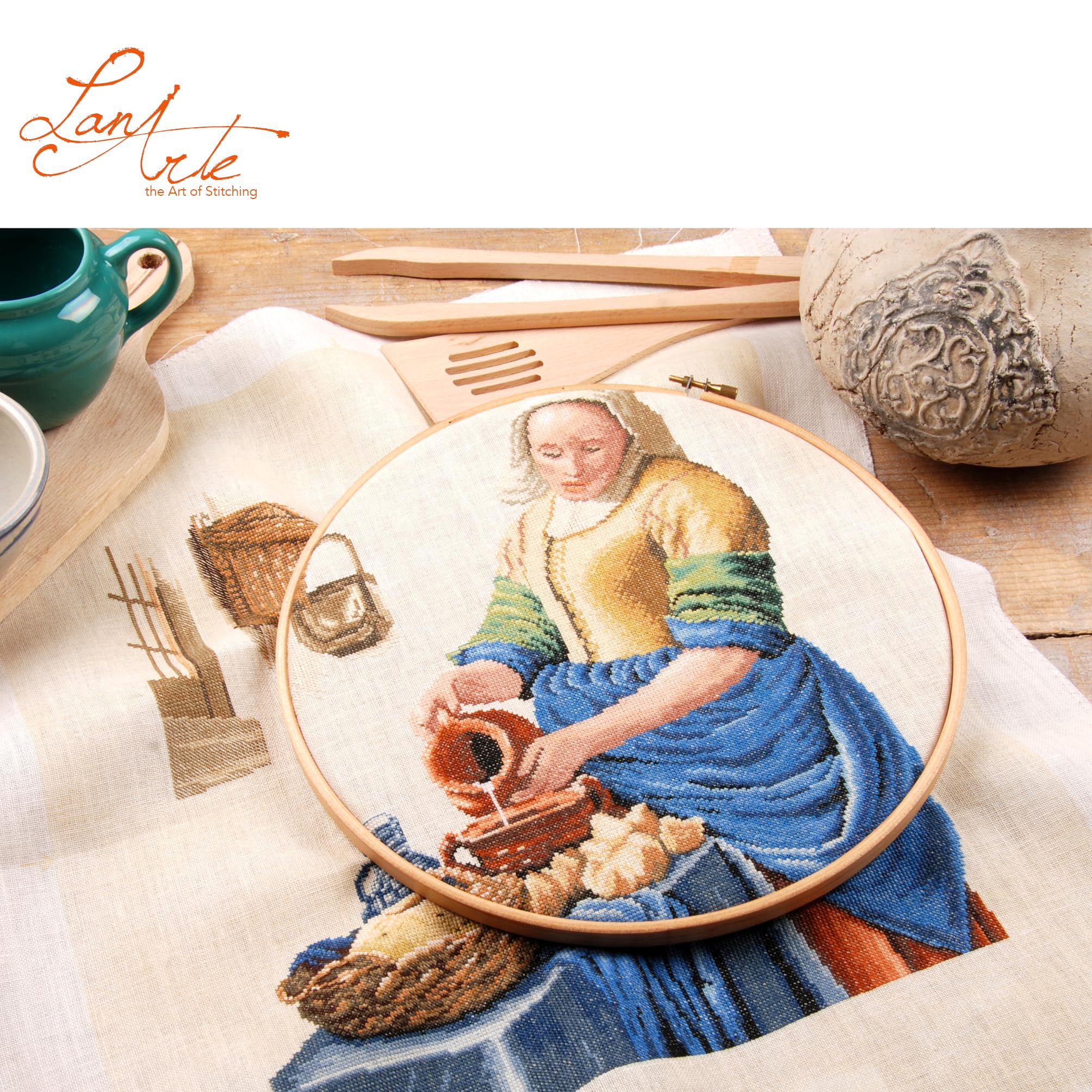 Lanarte Kreuzstich Stickpackungen Gezählter Kreuzstichbilder Set MILCHMÄDCHEN Wanddekoration Handarbeit Set für Erwachsene 36 x 45 cm DIY Deko Bastelset Handwerker Kreative Geschenkset