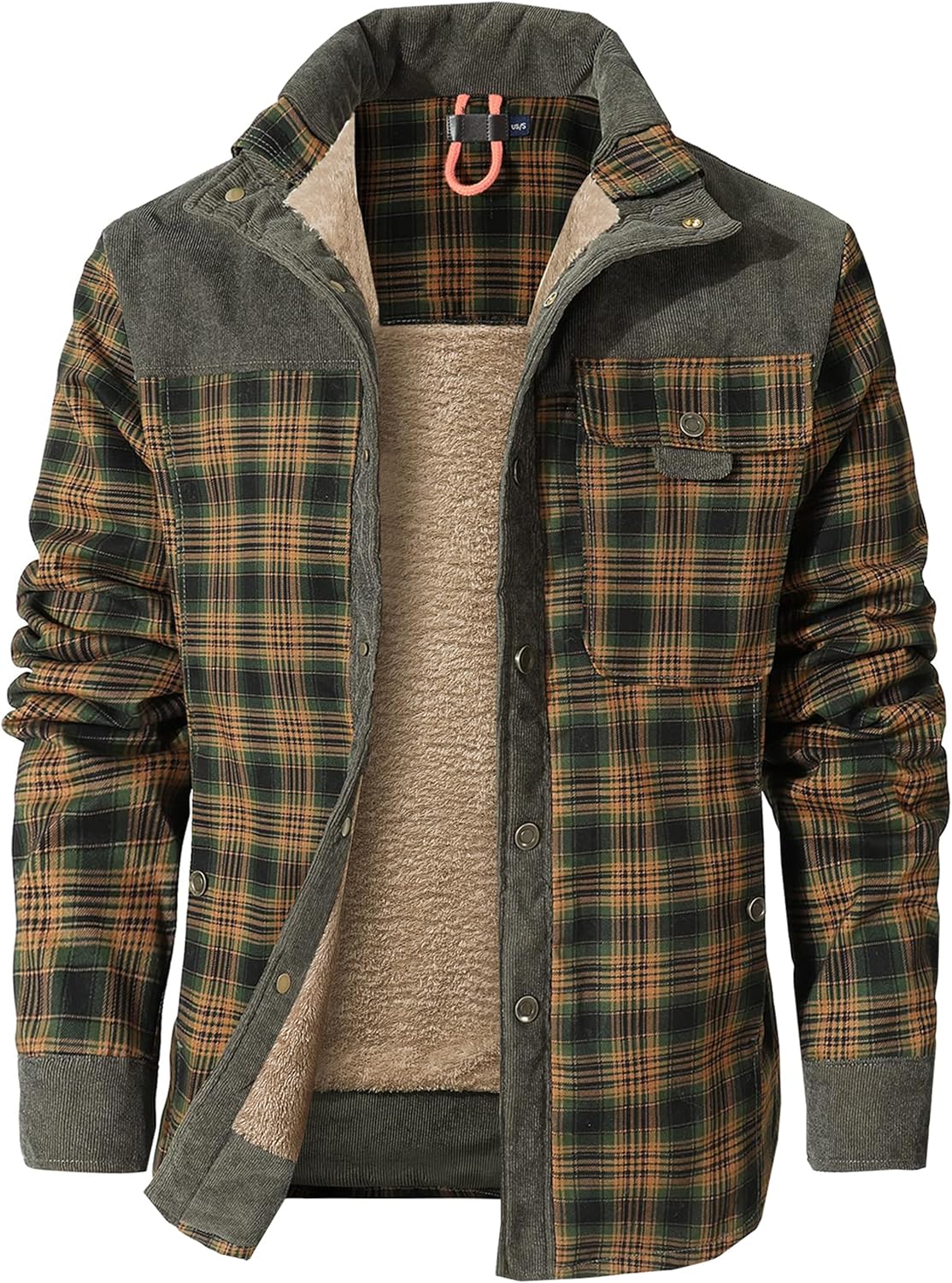 Flygo Men's Sherpa Lined Plaid Flannel Shirt Jacket Snap Button Warm Winter Jacket with Pockets