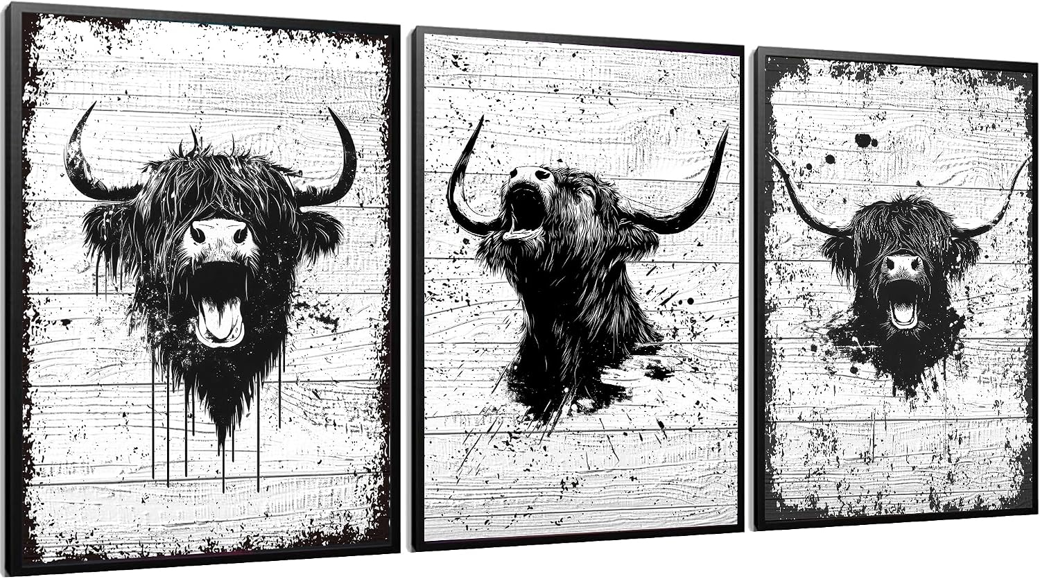 Toew Roar Highland Cow Wall Art 3pc Set, Funny living Wall Decor, Modern Farmhouse Canvas Art for Living Room, Bedroom, Bookshelf, Bathroom Decor & Accessories, Highland Cow Gifts 、
