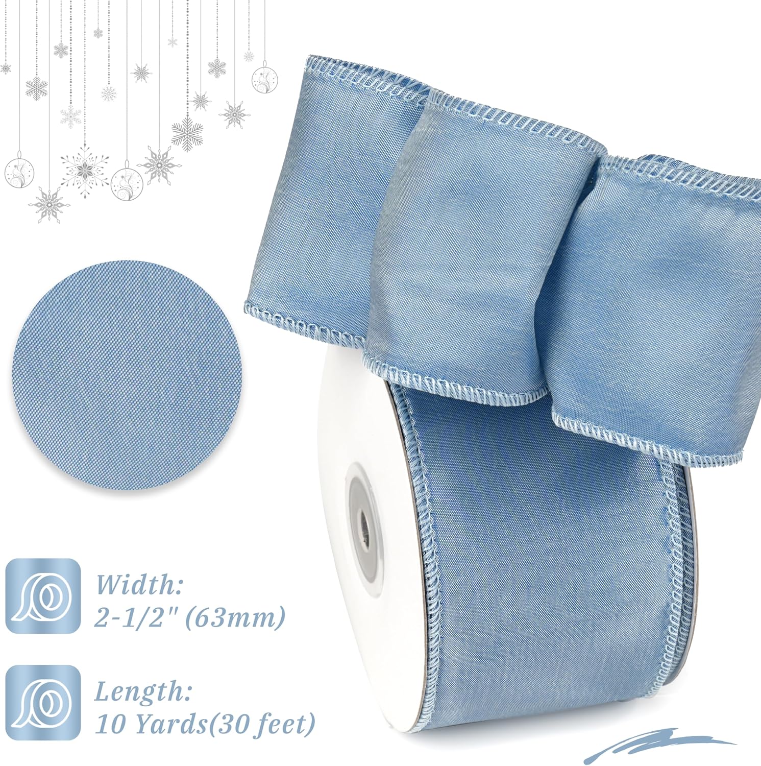 Dusty Blue Christmas Ribbon Wired 2.5" x 10 Yard | French Blue Wired Ribbon, Christmas Tree Decorations, Topper Bows & Wreaths, Crafts & Home Decor, Gift Wrapping
