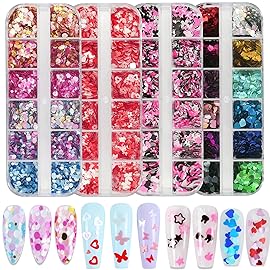 AddFavor 4 Boxes Valentine Nail Glitter Mixed Shaped Pink Purple White Heart Flower Colorful Round Sequins Lash Decals for Art Decoration/False Eyelash Decor