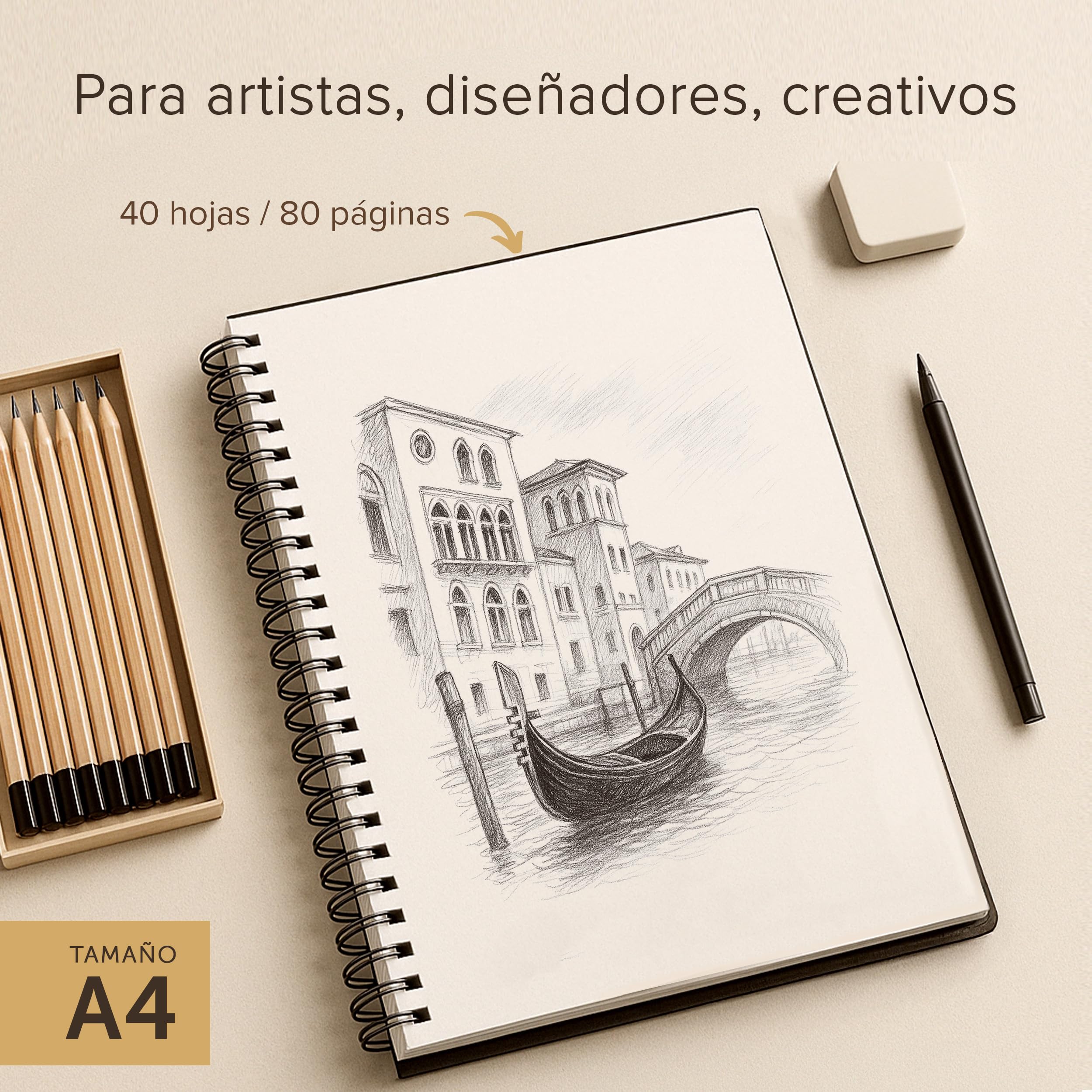 Cuaderno de Bocetos de Artista A4 - Tapa Dura, Papel muy Grueso de 200 gm2 - Encuadernado en Espiral para Niños, Profesionales, Dibujar y Hacer Bocetos - 21x29 cm, 40 hojas, 80 Páginas