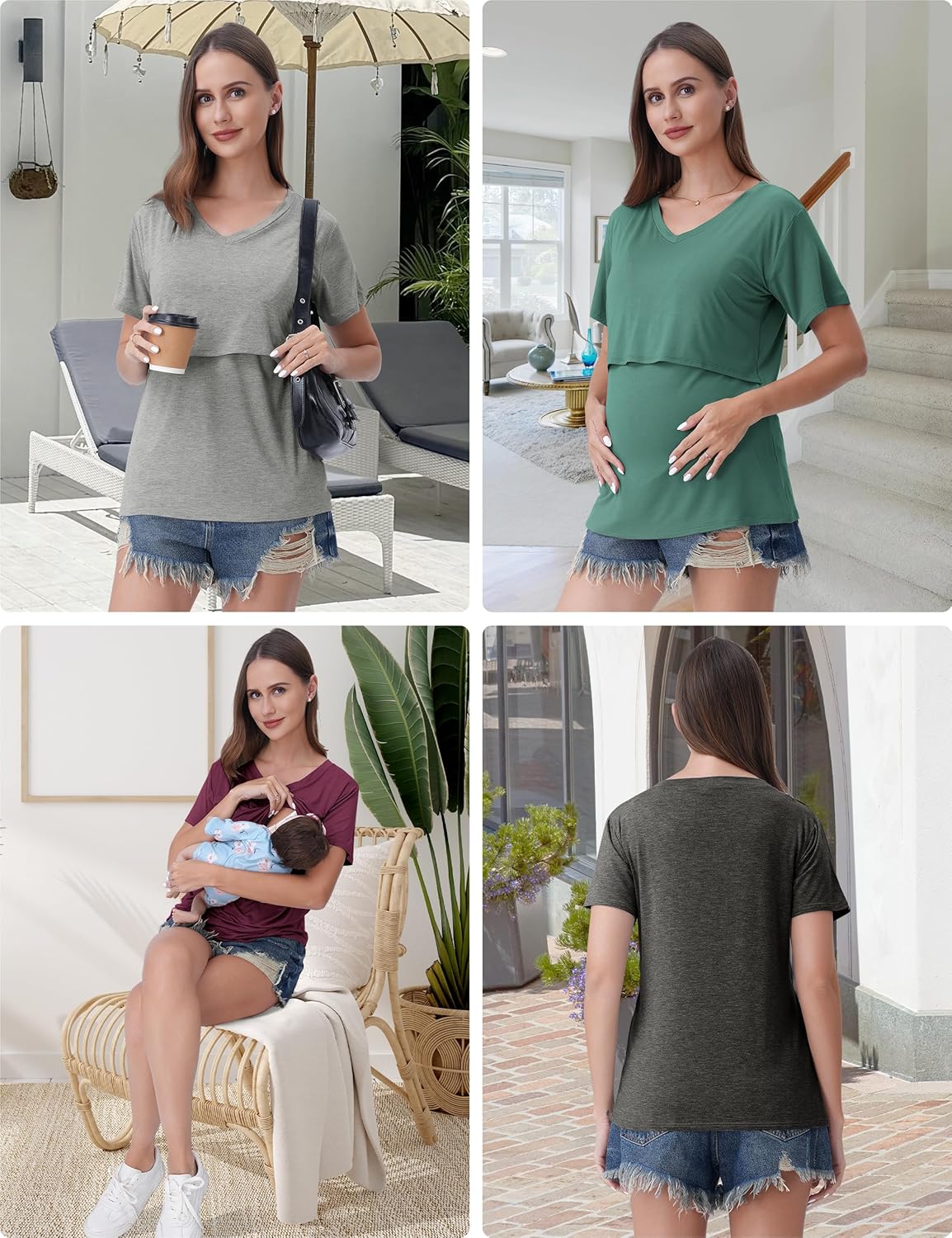 Rnxrbb 4 Pack Nursing Tops for Breastfeeding Summer Short Sleeve T Shirts V Neck Postpartum Clothes - Image 6