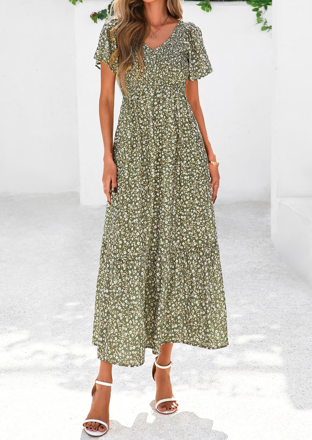 PRETTYGARDEN Boho Dresses for Women 2026 Summer Floral Short Sleeve V Neck Smocked Flowy Beach Vacation Maxi Dress - Image 8