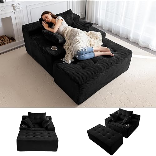 MAXYOYO Modular Sectional Chaise Lounge Sofa, Upholstered Lounge Chair with Pillows Indoor, Tufted Boneless Sofa Couch with Ottoman, Deep Seat Sleeper Chair for Living Room, No Assembly, Black
