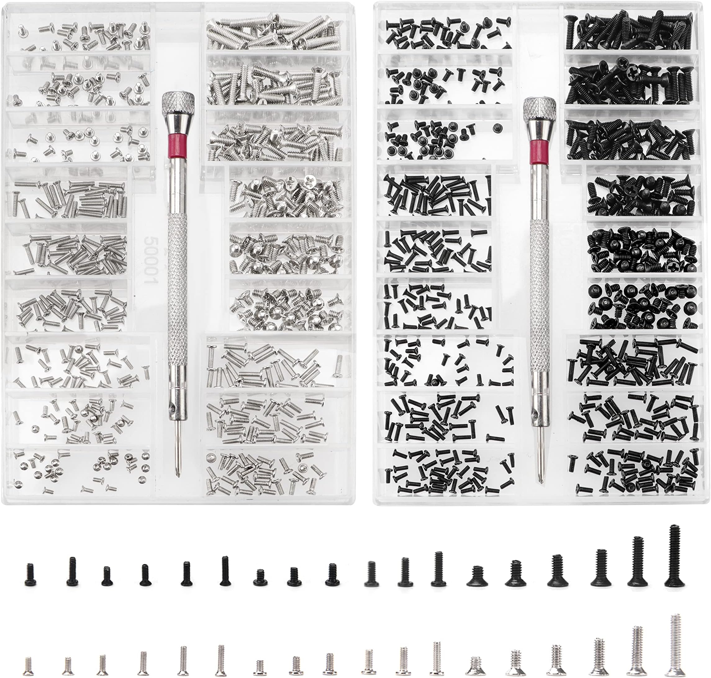 YIXISI 1000 PCS Tiny Micro Repair Screw Kit, M1.2 M1.4 M2 Watch Glasses Computer Replacement Screws Kit, Stainless Steel Tiny Screws with Screwdriver, Black and Silver