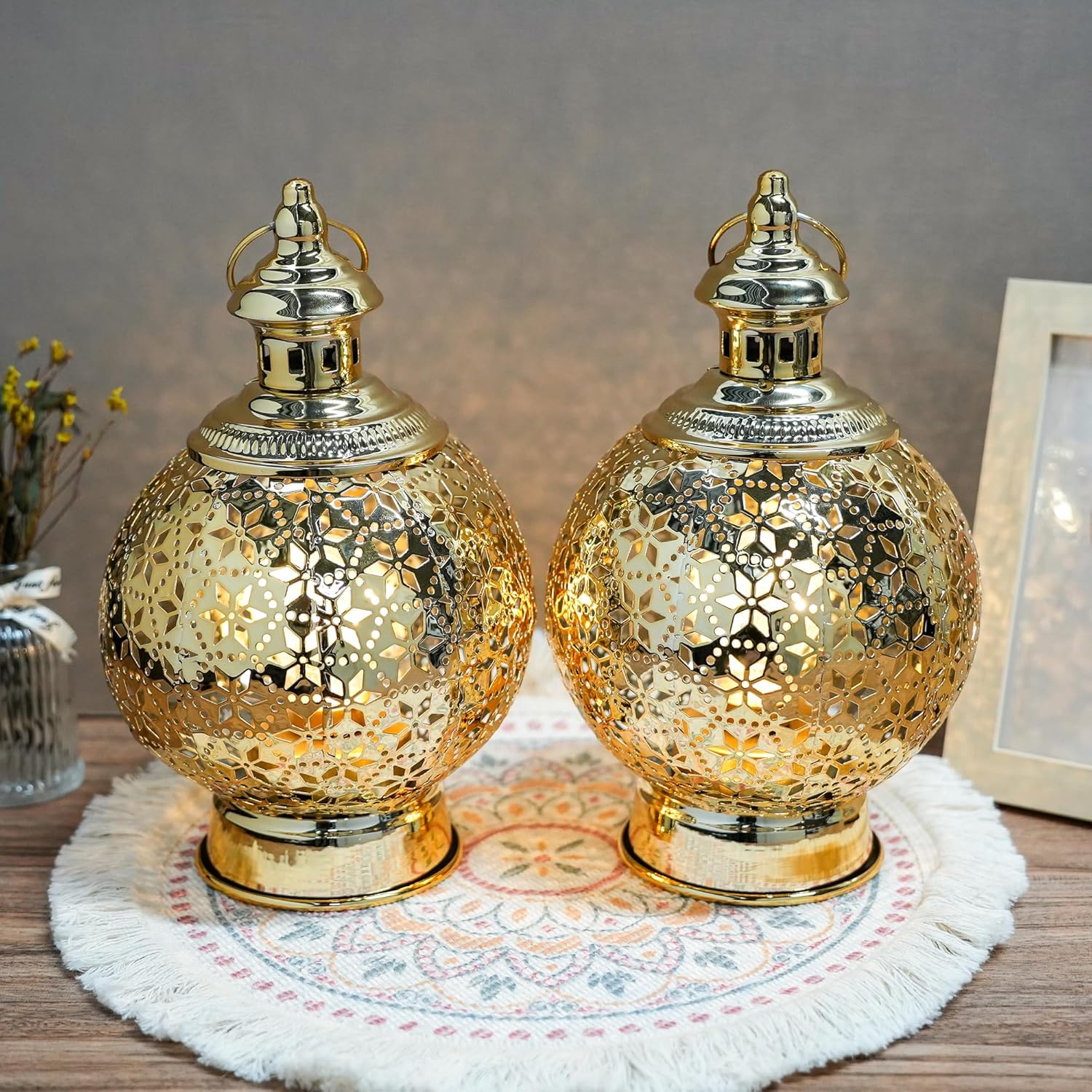 TRIROCKS Ramadan Lanterns Set of 2 10" Gold Electric Candle Holders with Timer, Metal Decorative Vintage Lanterns for Indoor/Outdoor Decor, Perfect EID Mubarak Gift