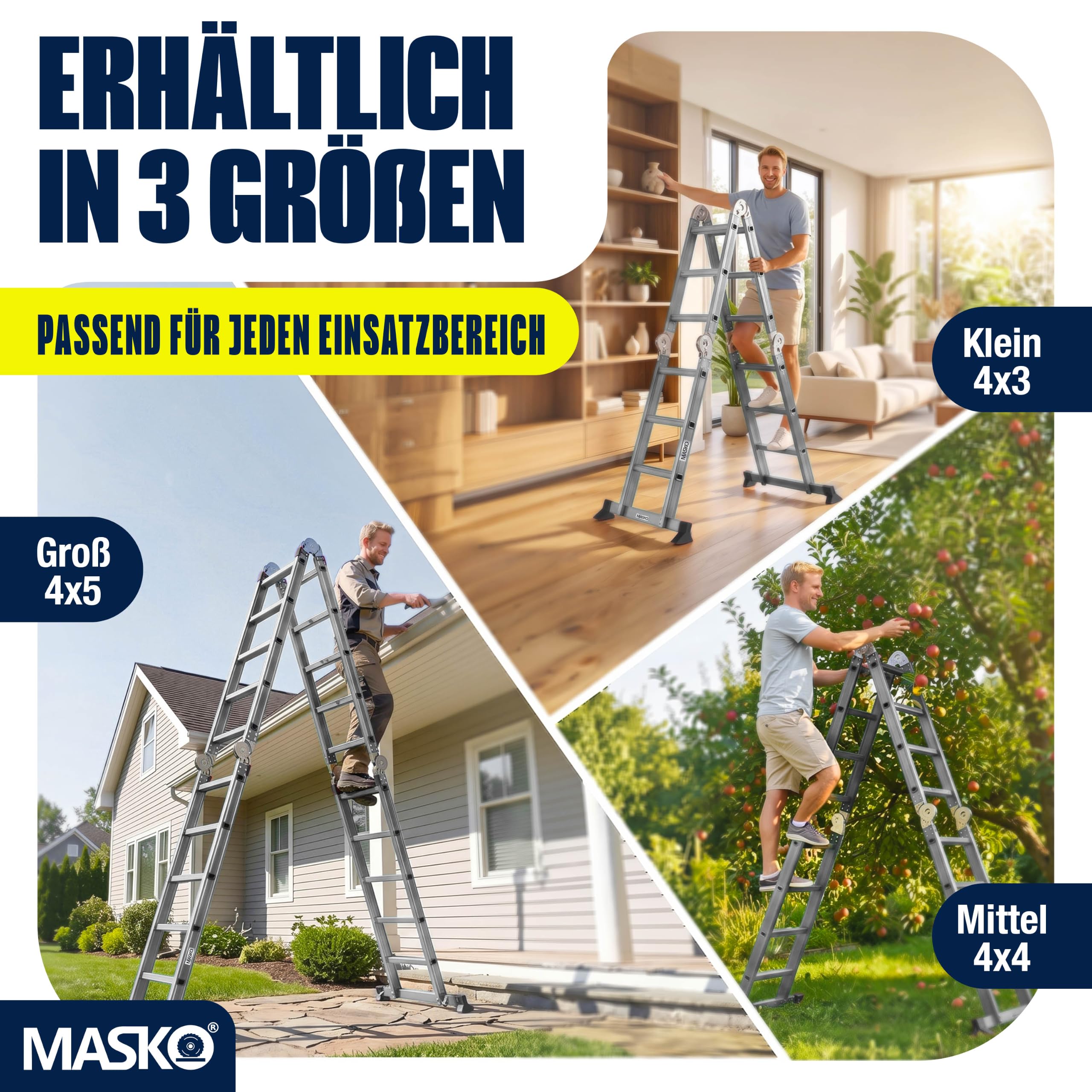 MASKO® Leiter Aluminium 4x3 Stufen, Mehrzweckleiter | - 360 cm | | 150 Kg belastbar, 6in1 multifunktional mit Verriegelung, Gelenkleiter, Anlegeleiter, beidseitige Steh- und Treppenleiter