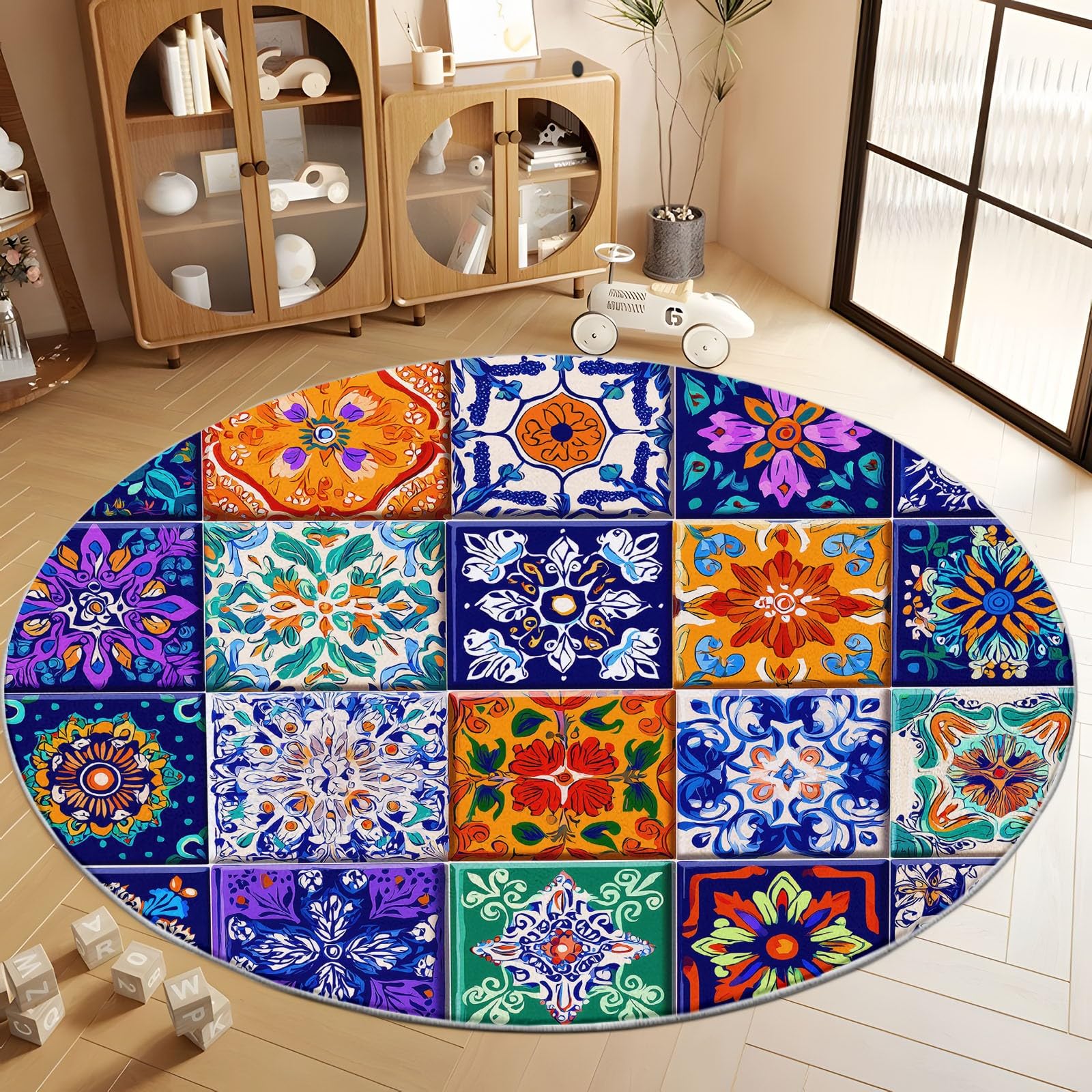 Styl boho geometryczna mozaika, luksusowy miękki okrągły dywan, dywany, miękki, krótki runo, antypoślizgowy, okrągły dywan, nie gubi włosia, do sypialni, salonu, jadalni, kuchni, 150 cm