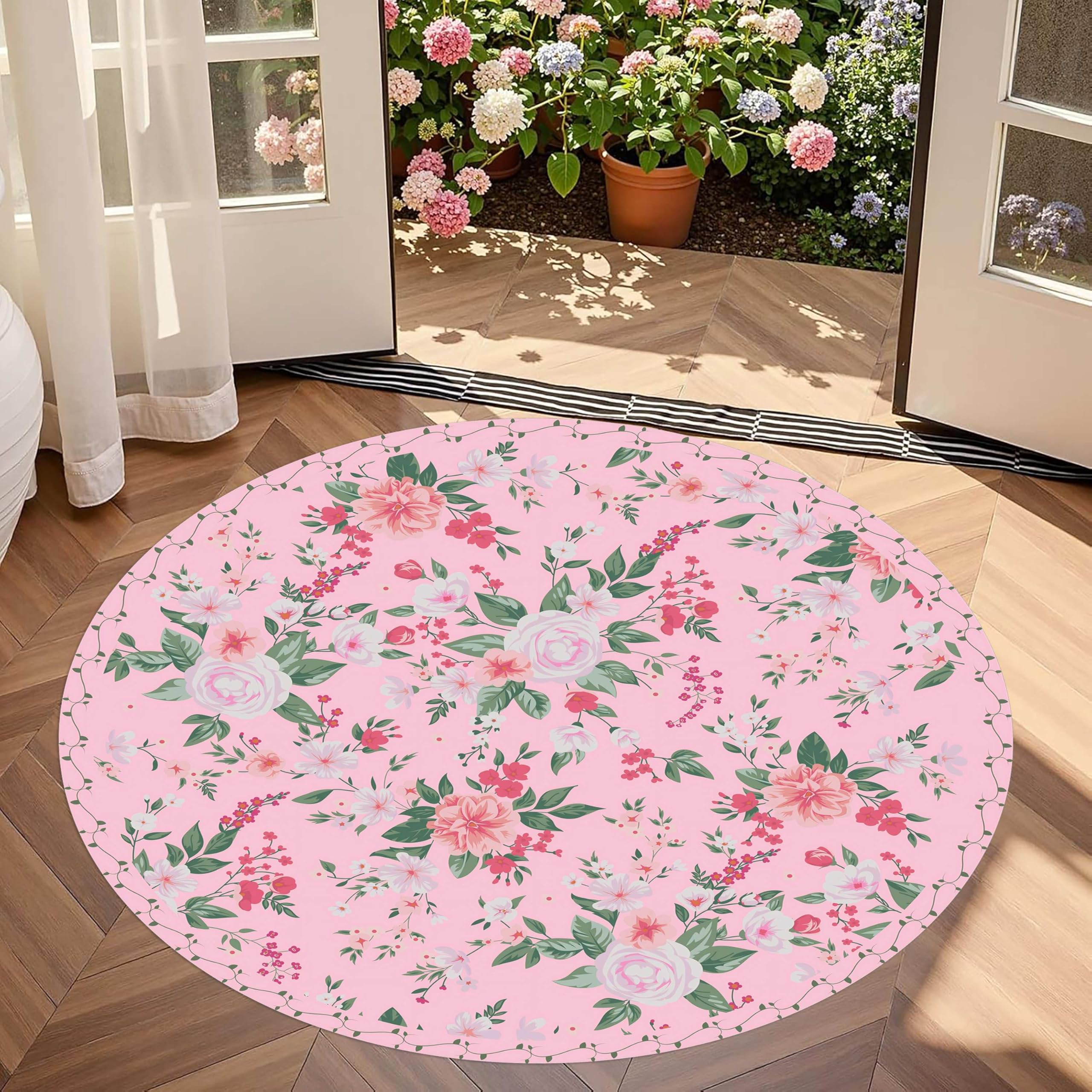 LHOMKCV Vintage Rose Round Rug, 200cm, Classic Pink Cute Floral Kids Rugs, Ultra-Thin Short Pile Machine Washable Boho Carpet for Girl Room Bedside