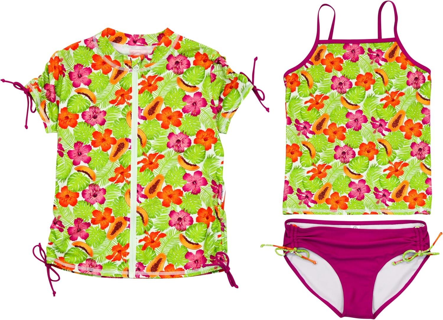 SwimZip Girls' Short Sleeve Rash Guard with Tankini & Bottoms
