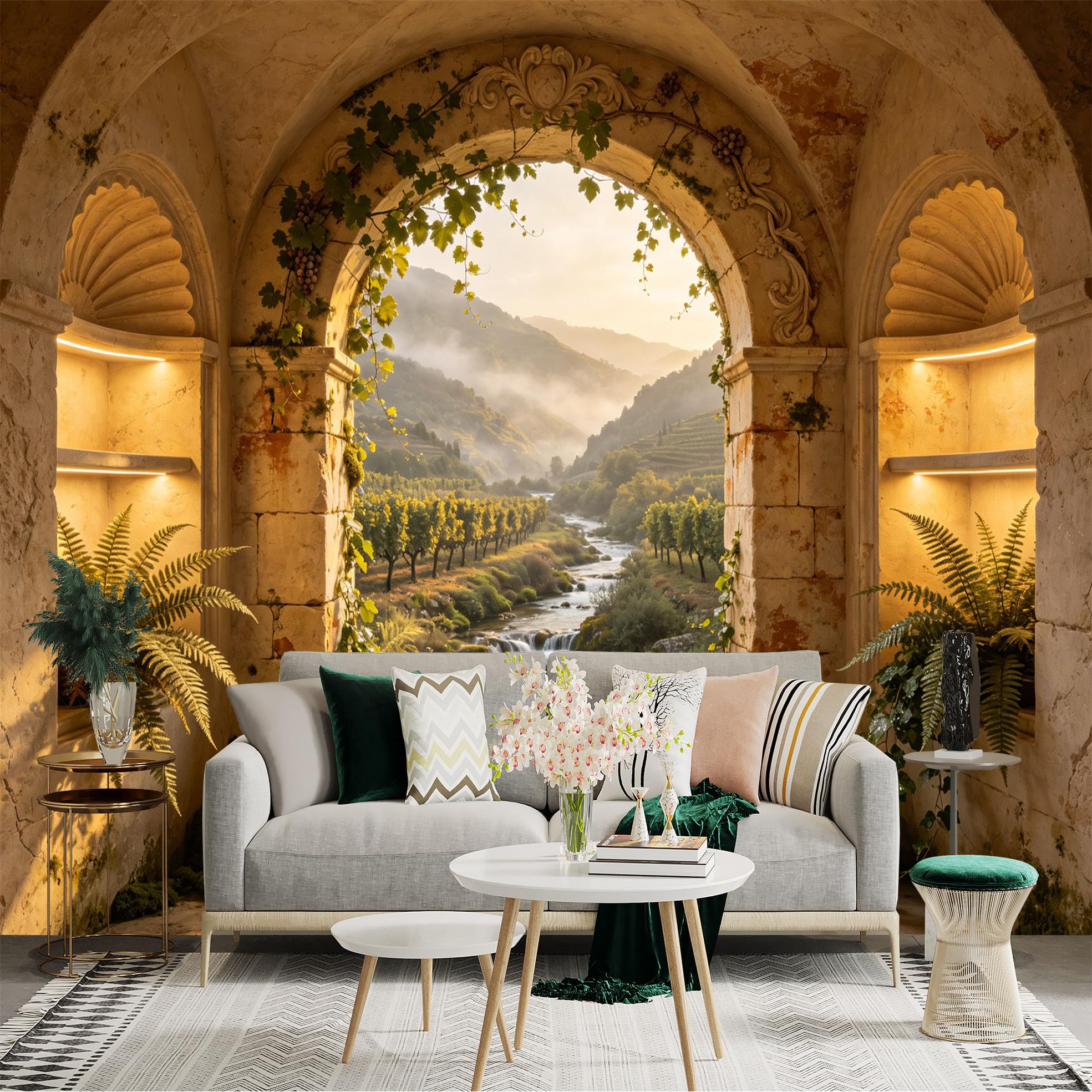 Custom Size Wall Sticker Mural， Vineyard Valley View Through Stone Arch， River and Mountains Landscape， for wall Decoration， peelandstick wall Decals.