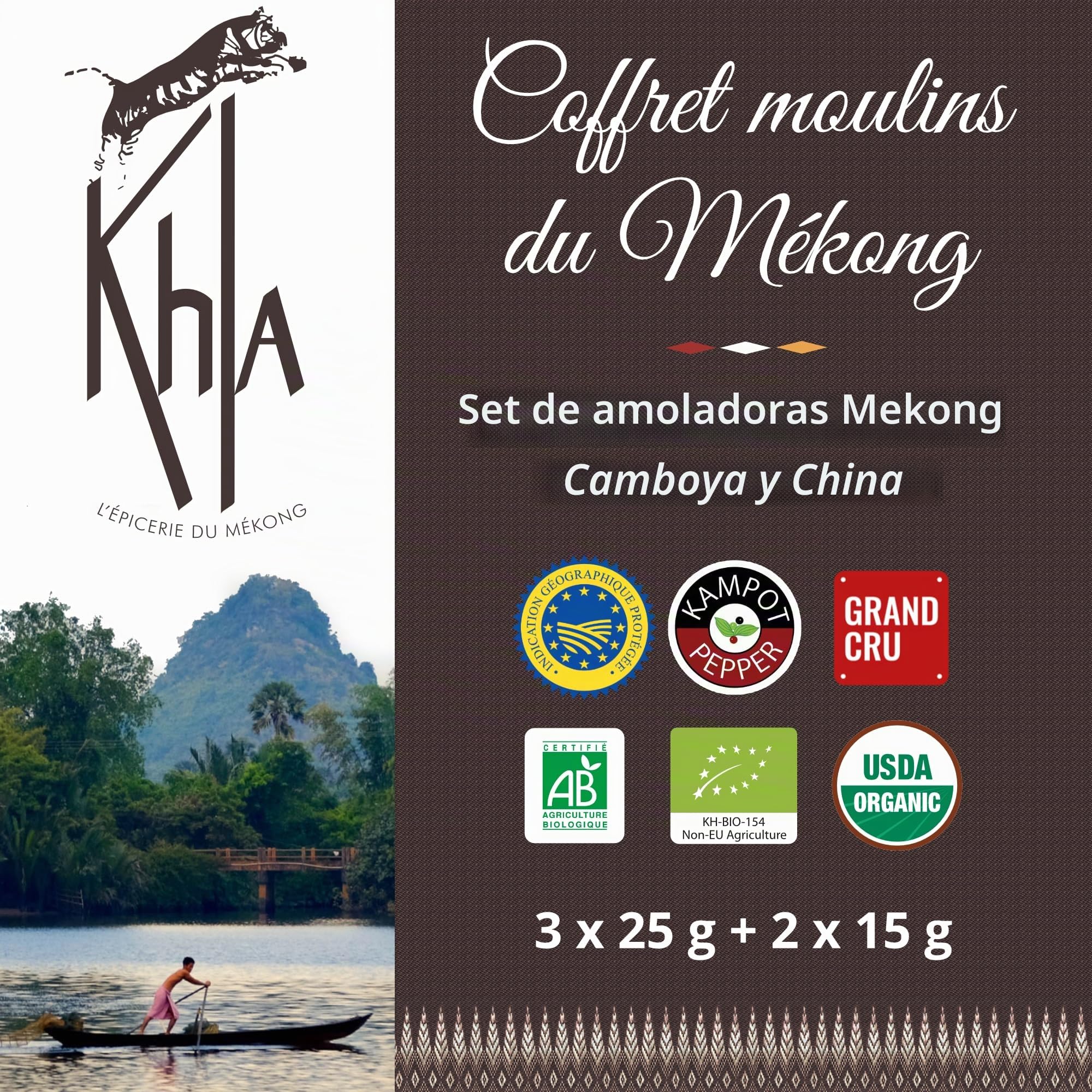 Khla - Set de 5 Molinillos de Pimienta del Mekong - Set Regalo con 5 Pimientas de Kampot y Sichuan - Pimientas Premium y Raras - Molinillos Recargables - Origen Camboya y China