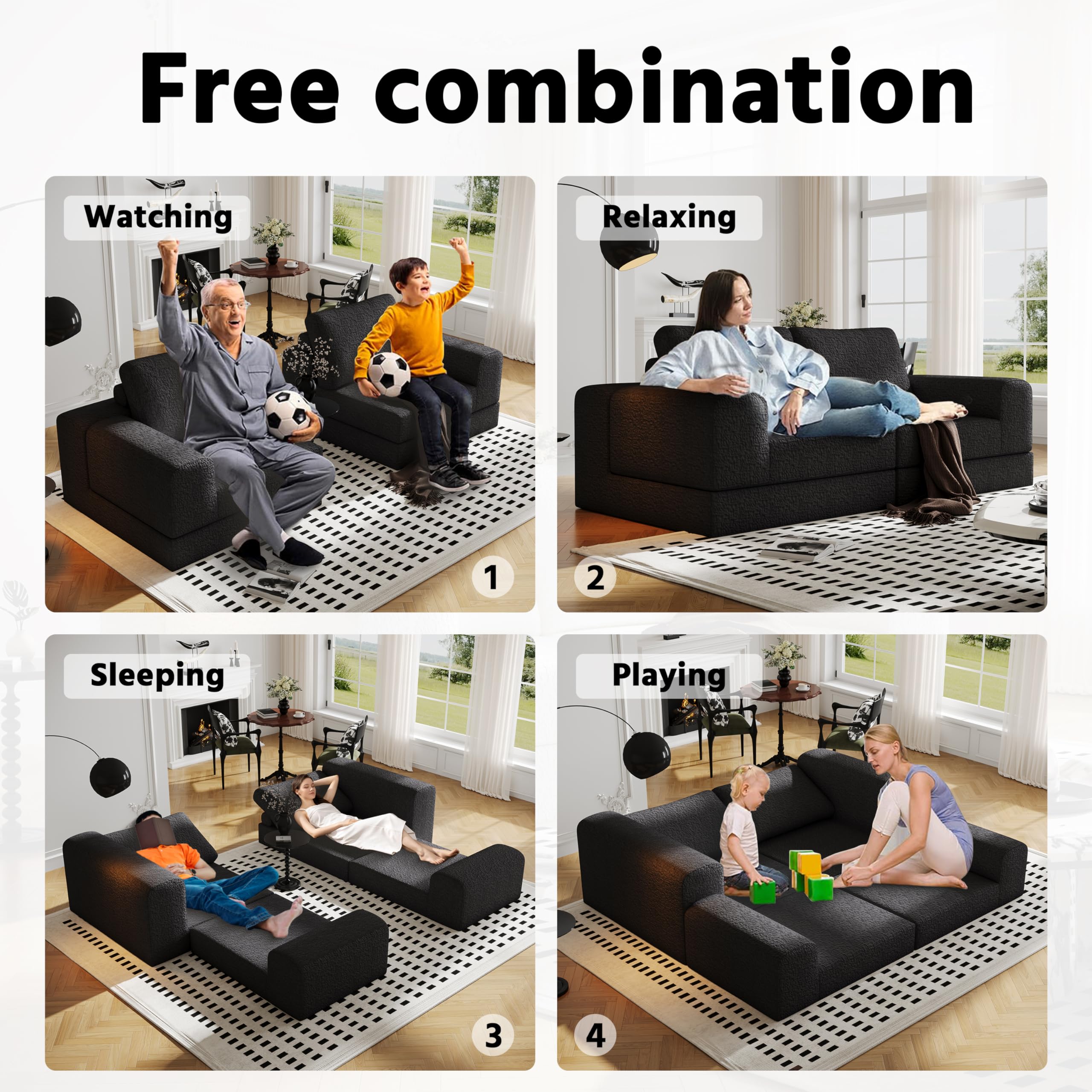 Cloud - Sofá modular modular combinado para sala de estar, sofá modular único de tela de punto con 2 almohadas, sofá modular cómodo de 2 plazas sin montaje (negro) 3