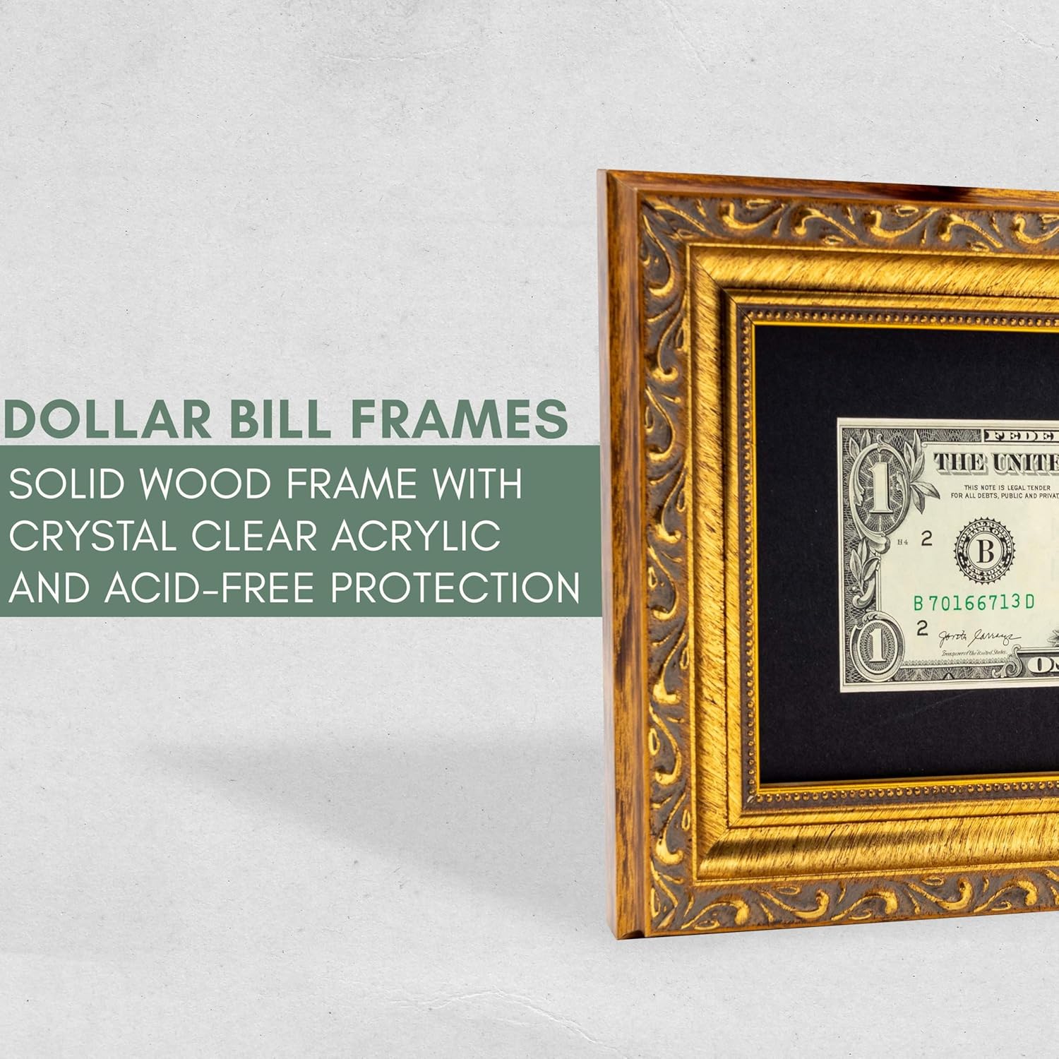 CountryArtHouse Antique Gold First Dollar Frame with Black Photo Mat, Dollar Bill Holder With Easel Stand and Wall Hanger Included