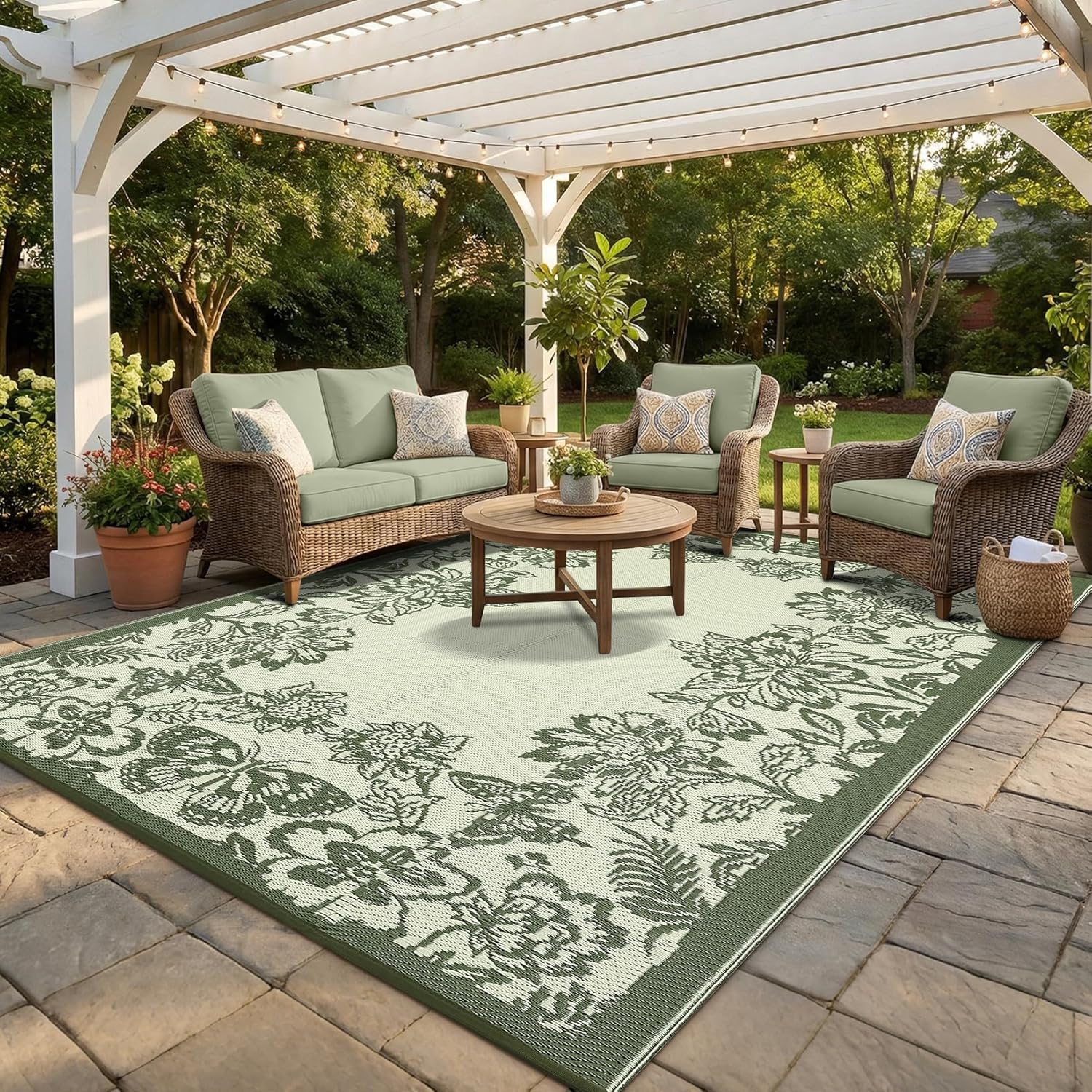 GarveeHome Outdoor Rug 8x10 Patio Waterproof, Reversible Plastic Straw Rugs for Camping, Picnic, Balcony, Porch, RV, Easy-Clean & Quick Dry Floral Pattern Large Indoor Outdoor Carpet, Dark Blue