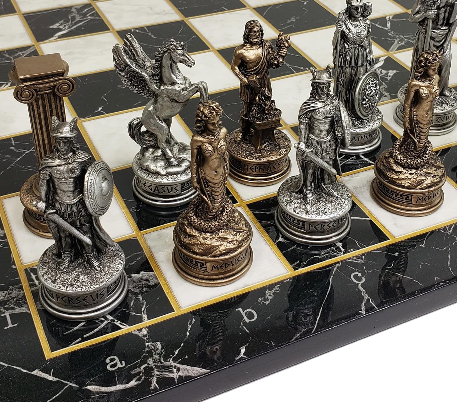 Greek Mythology Olympus Gods Zeus vs Poseidon Pewter and Bronze Color Chess Set with 17" Black and White Color Faux Marble Board