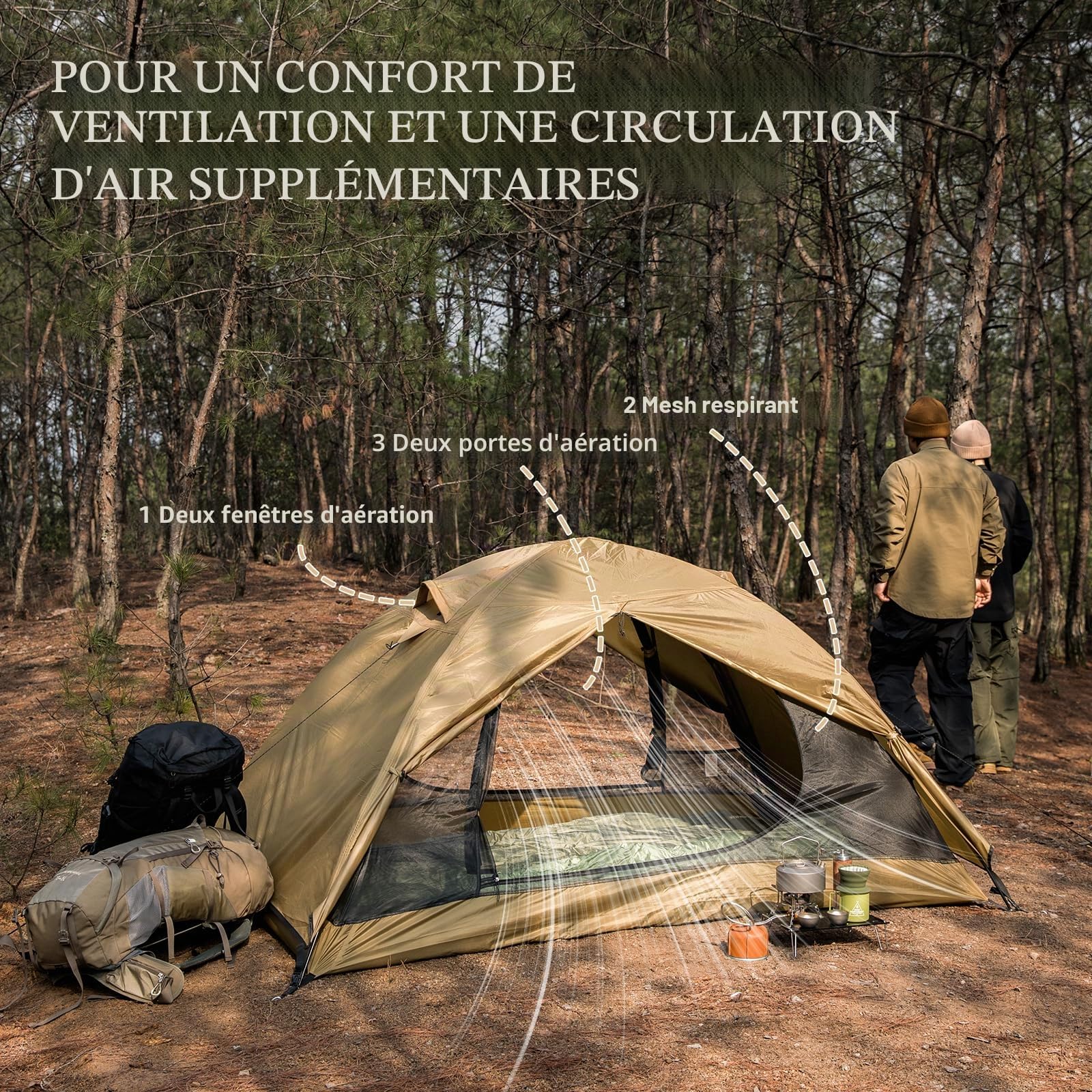 BISINNA Tente Dôme 2 Personnes 3-4 Saisons | Imperméable & Résistant au Vent | Ultraléger & Compact pour Camping, Randonnée, Festival