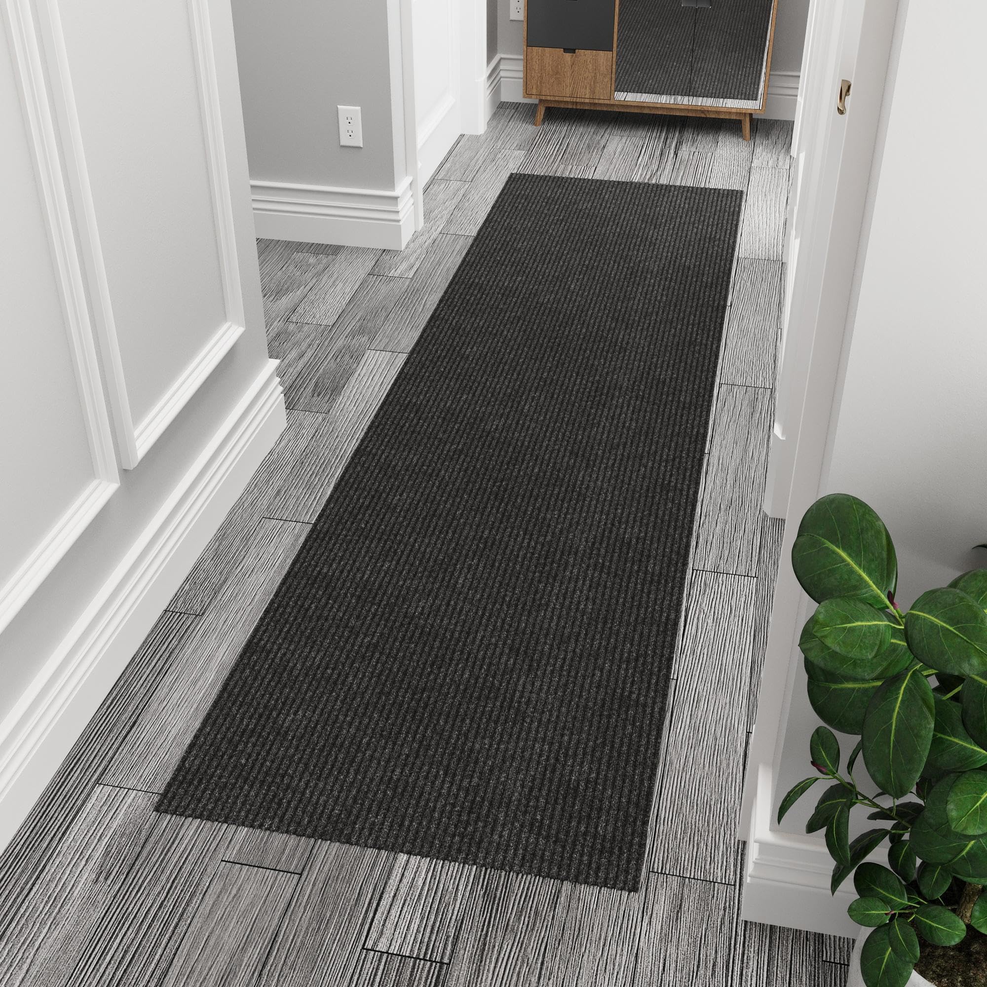 2' x 8' Hallway Runner with Scraper Pile Extra Durable Non-Slip Rug Mat for Indoor & Outdoor Use - Ideal for Kitchen, Entryway, Patio & Garage - High-Traffic Carpet, Black
