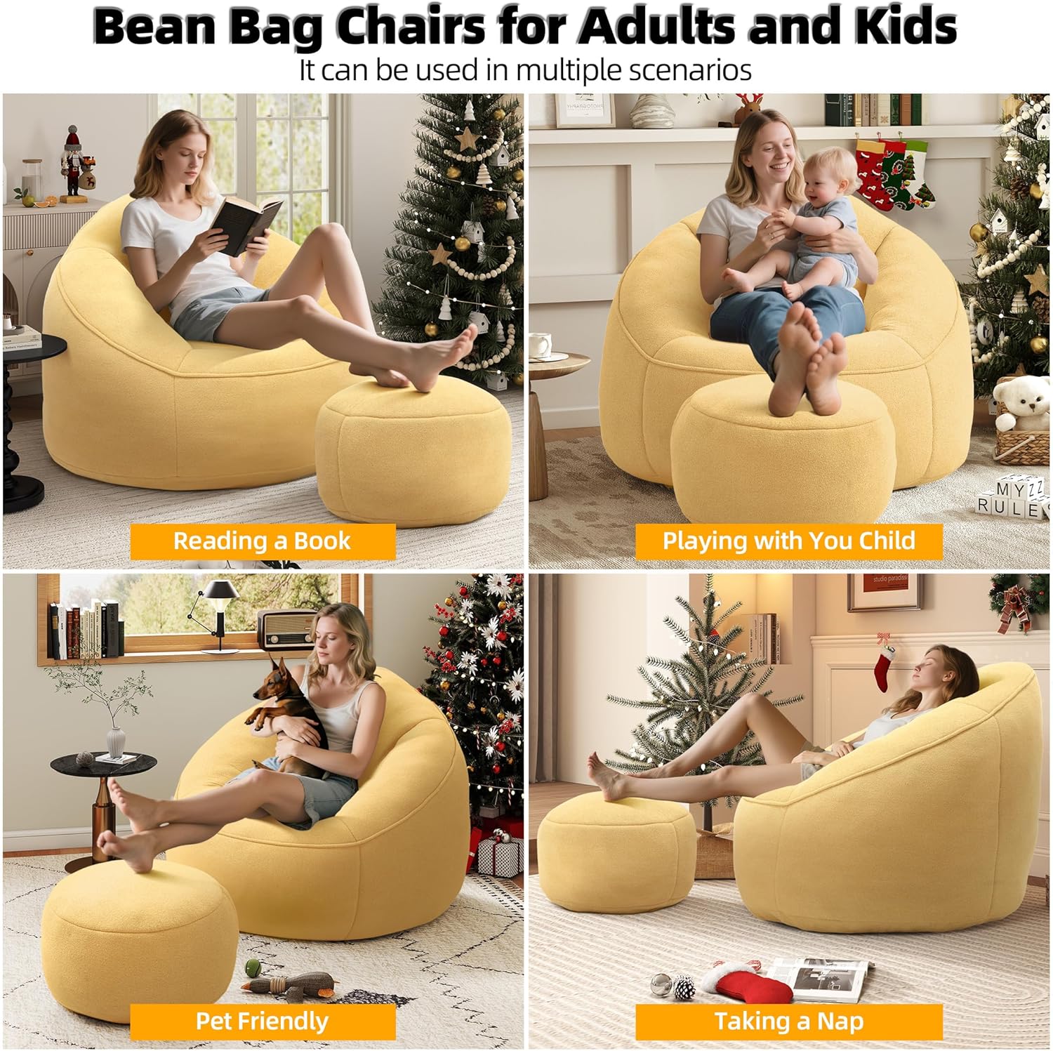 Bean Bag Chairs for Adults, Bean Bag Chair for Kids, 3.4 FT Comfy Beanbag Chair with Ottoman, Bubble Chair Corner Chair, Modern Giant Bean Bag Sofa for Living Room, Yellow
