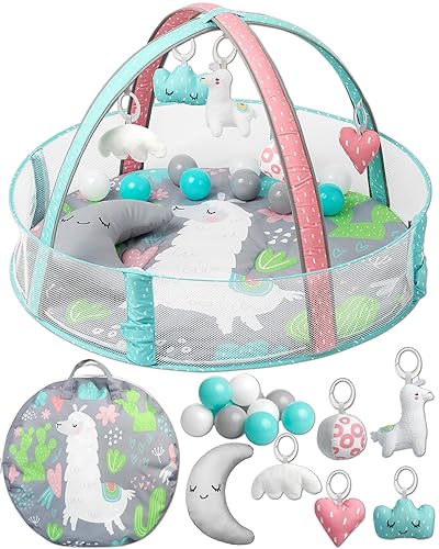 Gimnasio de juegos para bebés, tapete de actividades, área de juego para pelotas para bebés con 5 juguetes desmontables + almohada de media luna,