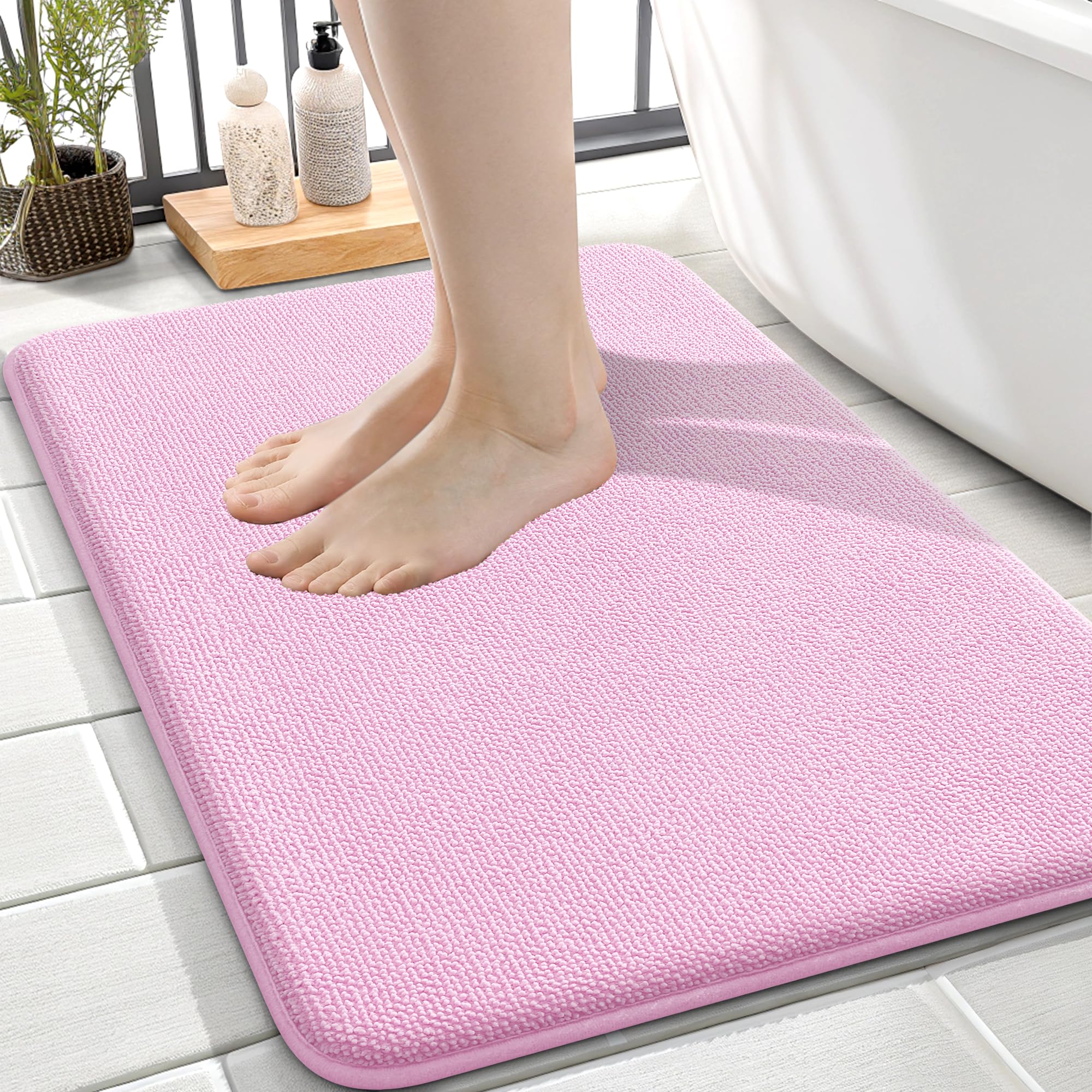 OLANLY Thick Memory Foam Small Bathroom Rug 24x16, Absorbent Bath Mat, Pink