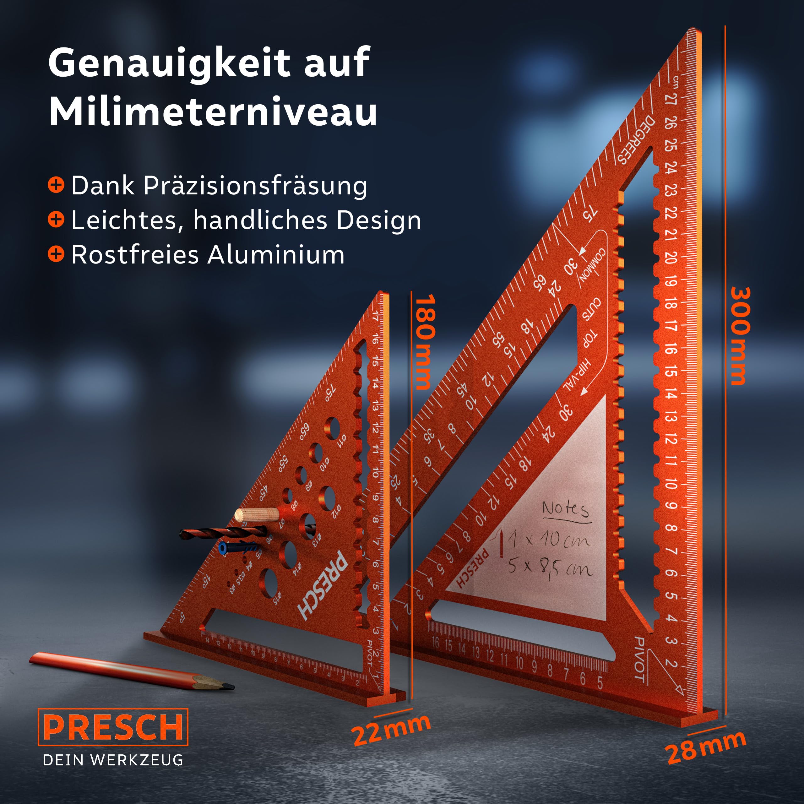 Presch Zimmermannswinkel Set - 180mm & 300mm - Innovative, abwischbare Notizfläche - Intelligente Bohrlehre für exakte Durchmesser - Hochpräzise gefrästes Aluminium für exakte 90° Winkel