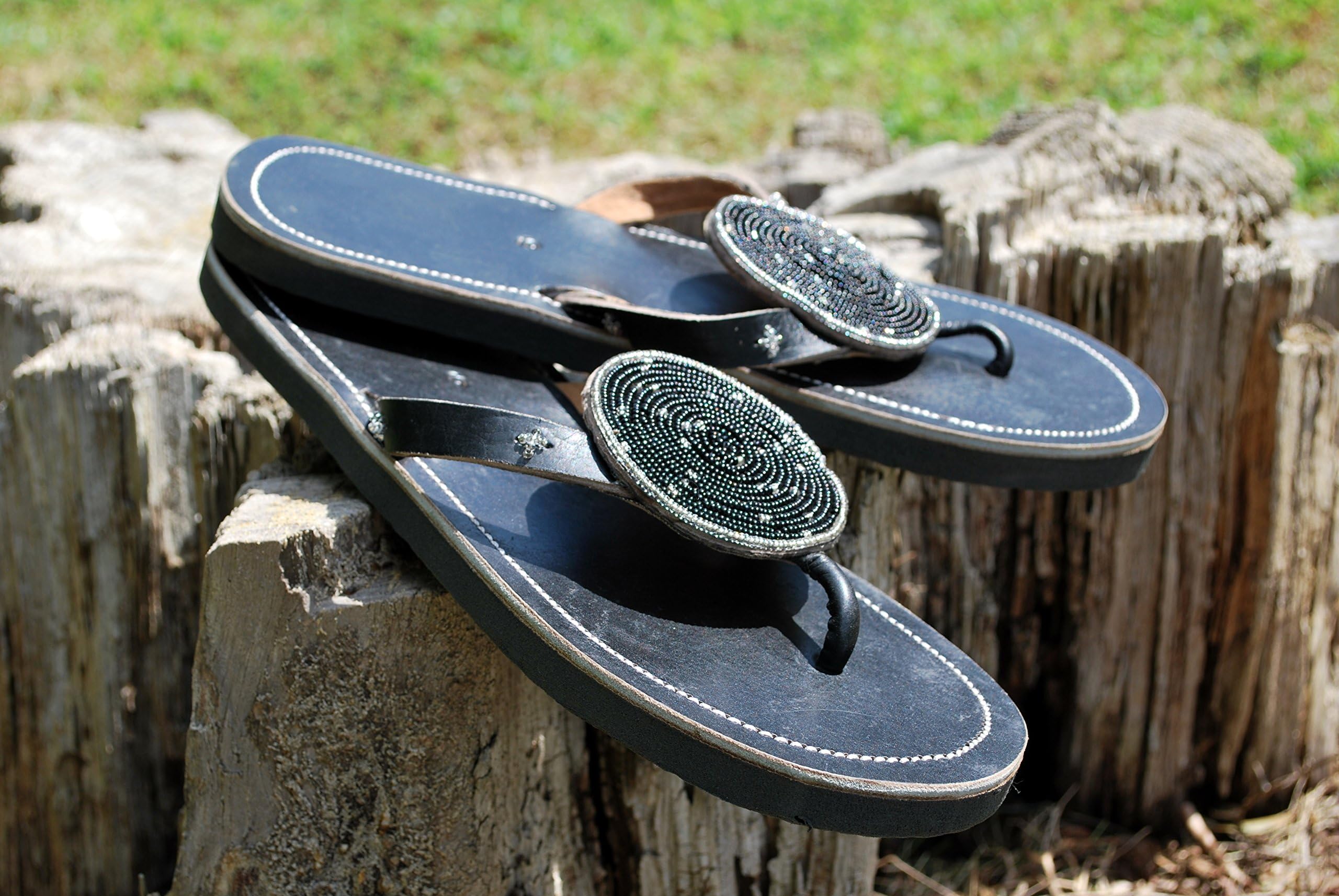 Women's Black and Silver Beaded Black Leather Sandals Handmade Maasai Tanzania Africa Size 10