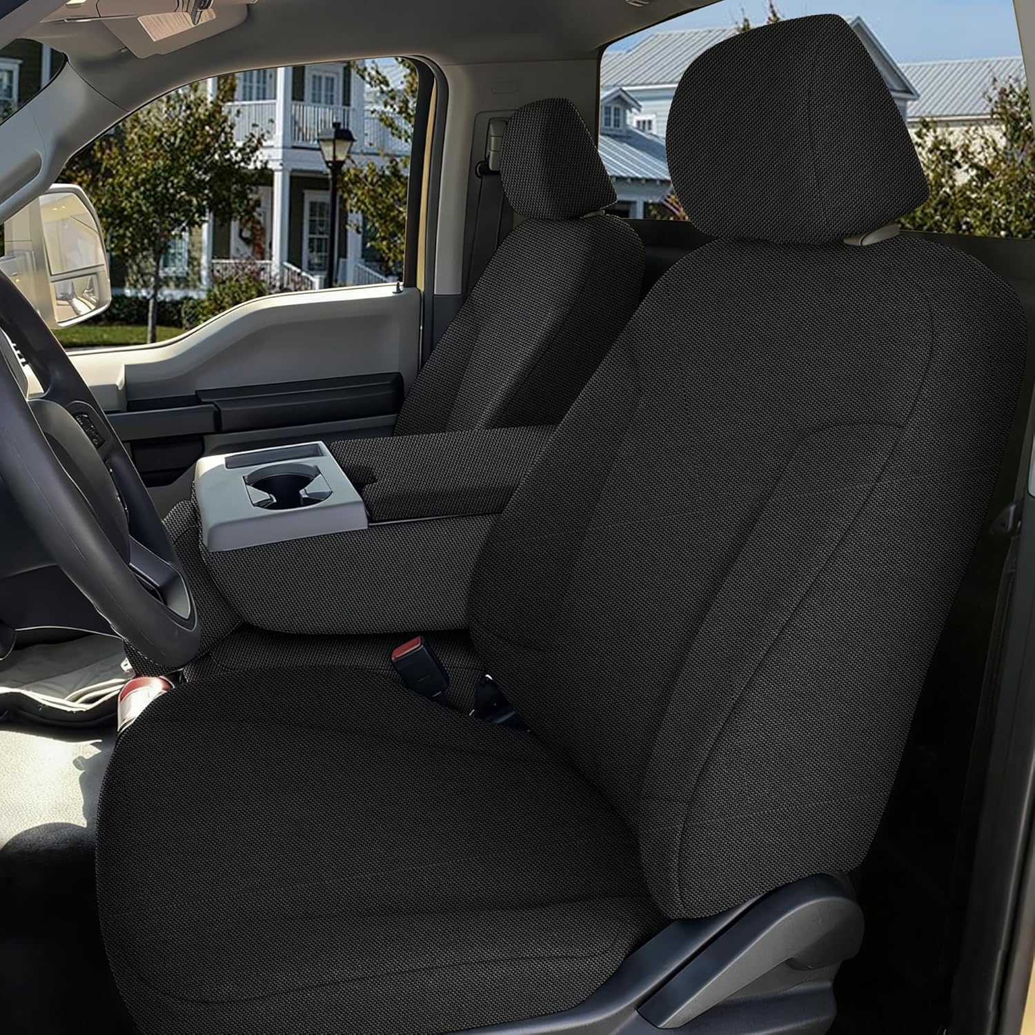 Oxford Fabric Seat Covers for Ford F150 XLT/Lariat 2014 for Ford F250 F350 F450 F550 XLT/Lariat 2015-2021 Front Row Split Bench with Center Console Access - Black