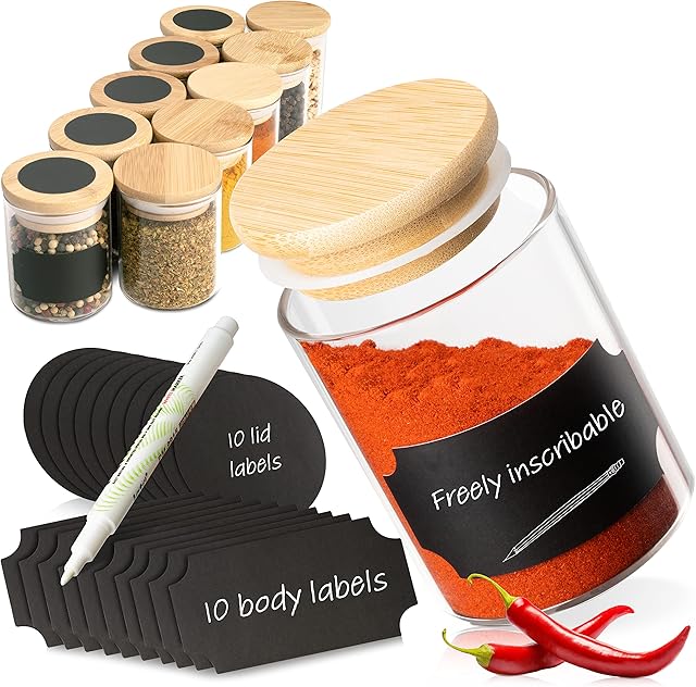 G&K Kitchenware Spice Jars Set Round 10x 5oz (120ml) With Bamboo Lid - Glass Spice Jars with Stickers & Pen included - Spice Container For Storage - Storage Jars