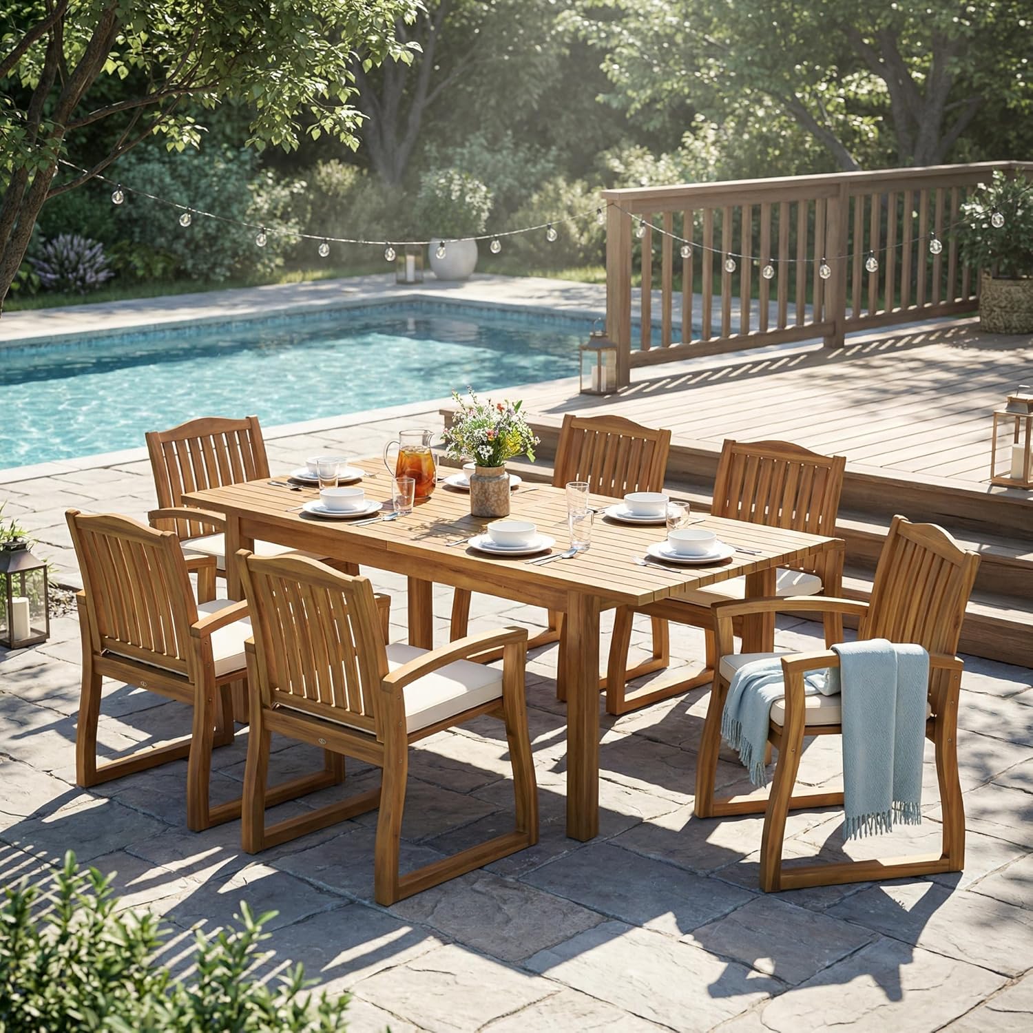 7-Piece Acacia Wood Outdoor Dining Set with Cream Cushions, 6-Chair and Table Patio Furniture for Backyard Garden Deck Poolside, All-Weather Teak Finish