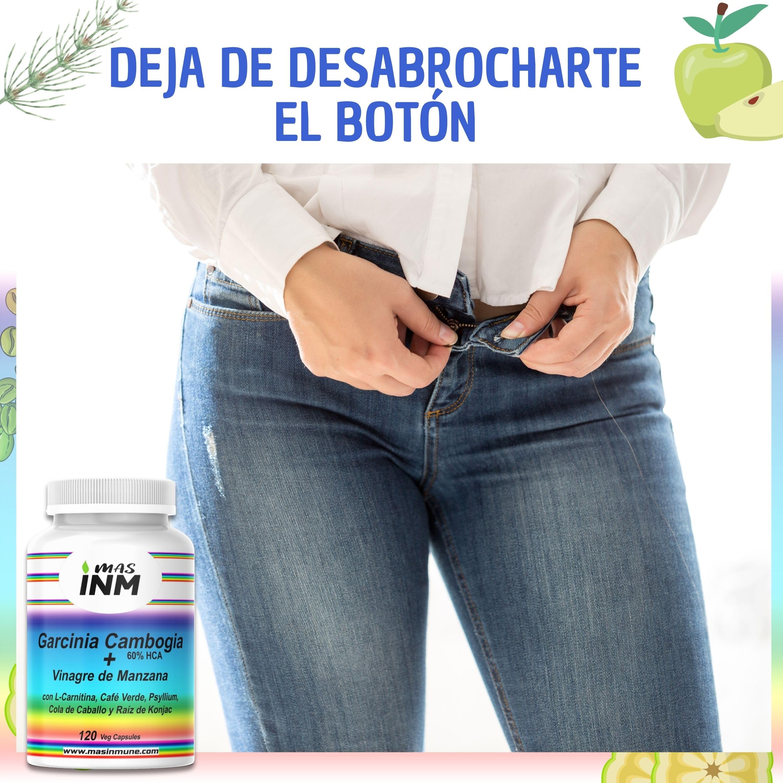 Garcinia Cambogia 60% HCA - Quemagrasas Natural con Vinagre de Manzana - L-Carnitina – Glucomanano - Suplemento para Pérdida de Peso – Efecto Termogénico Fat Burner - 120 Cápsulas – Masinmune.