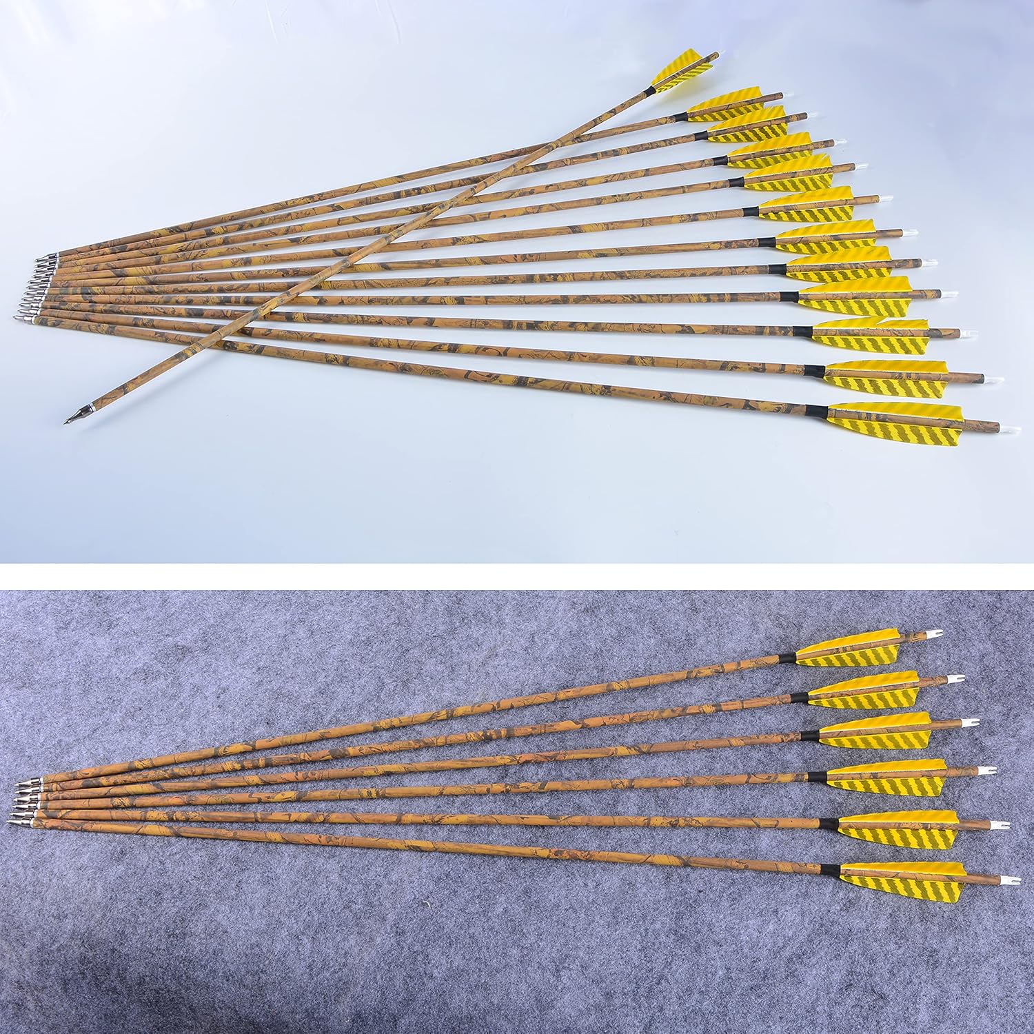 AMEYXGS Camo Carbon Arrow 30 Inch Practice Hunting Arrow Spine 500 with 4 Inch Turkey Feathers for Traditional Recurve Compound Bows