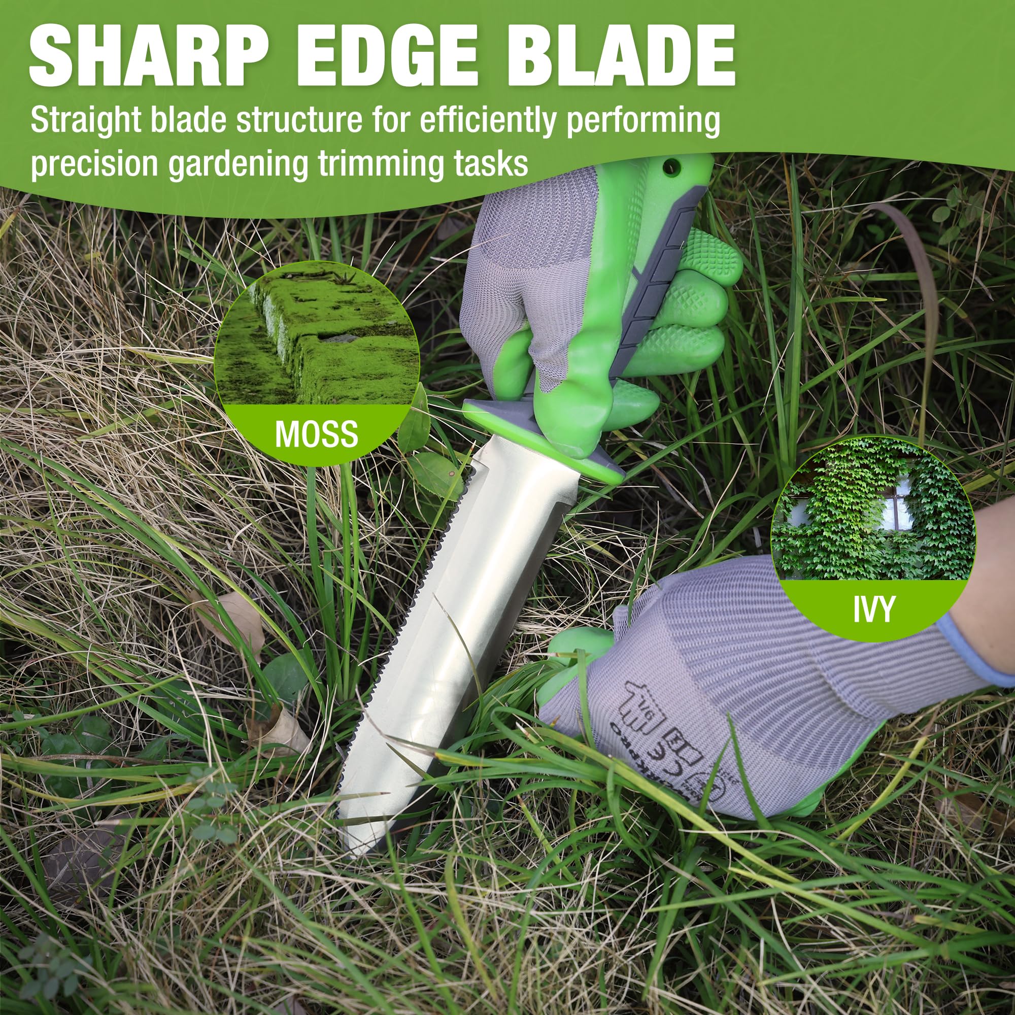 WORKPRO Hori Hori Garden Knife, 7" Stainless Steel Blade with Cutting Edge, Garden Tools with Oxford Sheath, Ergonomic TRP Handle with Hanging Hole for Weeding, Planting, Digging, Green